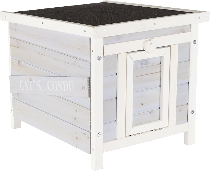 TRIXIE Small Outdoor Cat House, Weatherproof Cat Home with Raised Floor, Hinged Asphalt Roof & Covered Opening, Outdoor Shelter for Cats and Small Animals, Gray & White Fir Wood