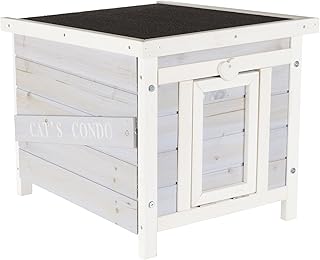 TRIXIE Small Outdoor Cat House, Weatherproof Cat Home with Raised Floor, Hinged Asphalt Roof & Covered Opening, Outdoor Shelter for Cats and Small Animals, Gray & White Fir Wood