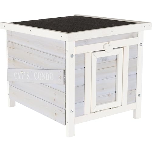 TRIXIE Small Outdoor Cat House, Weatherproof Cat Home with Raised Floor, Hinged Asphalt Roof & Covered Opening, Outdoor Shelter for Cats and Small Animals, Gray & White Fir Wood