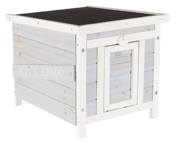 TRIXIE Small Outdoor Cat House, Weatherproof Cat Home with Raised Floor, Hinged Asphalt Roof & Covered Opening, Outdoor Shelter for Cats and Small Animals, Gray & White Fir Wood