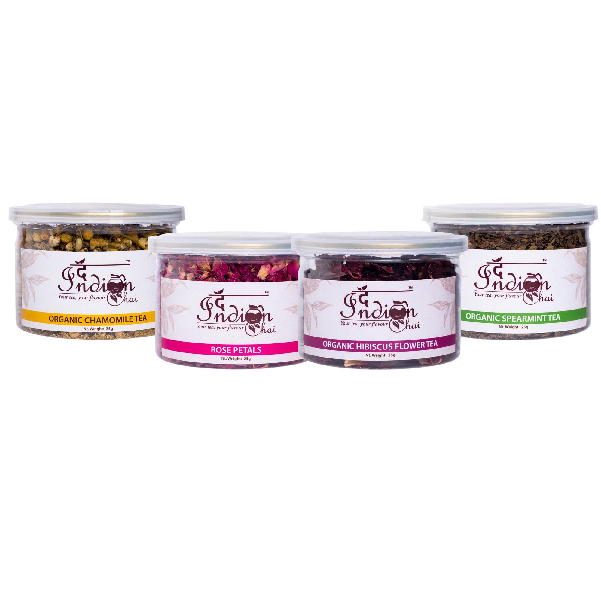 Herbal Combo Pack of Chamomile, Hibiscus, Lemongrass & Spearmint Teas | 25g Each (4 × 25g) | Relaxation, Detox & Digestion | 100% Natural Caffeine-Free Wellness Infusions