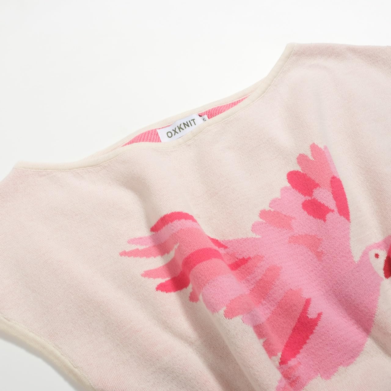 OXKNIT T-shirt d'été en coton tricoté avec épaules dénudées pour femme - Blanc - Motif perroquet rose - Version courte