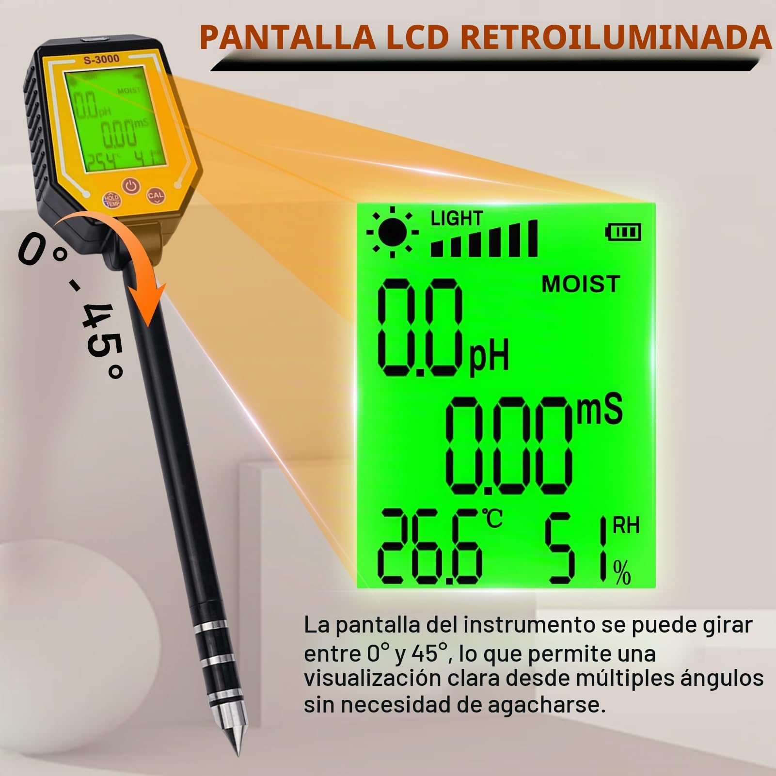 6 en 1 Medidor ph Tierra Medidor Humedad Plantas ph Suelo Medidor de ph Tierra Medidor de Suelo Fotometría Solar/PH/EC/Temperatura/Humedad del Suelo/Humedad del Aire con Pantalla LCD.