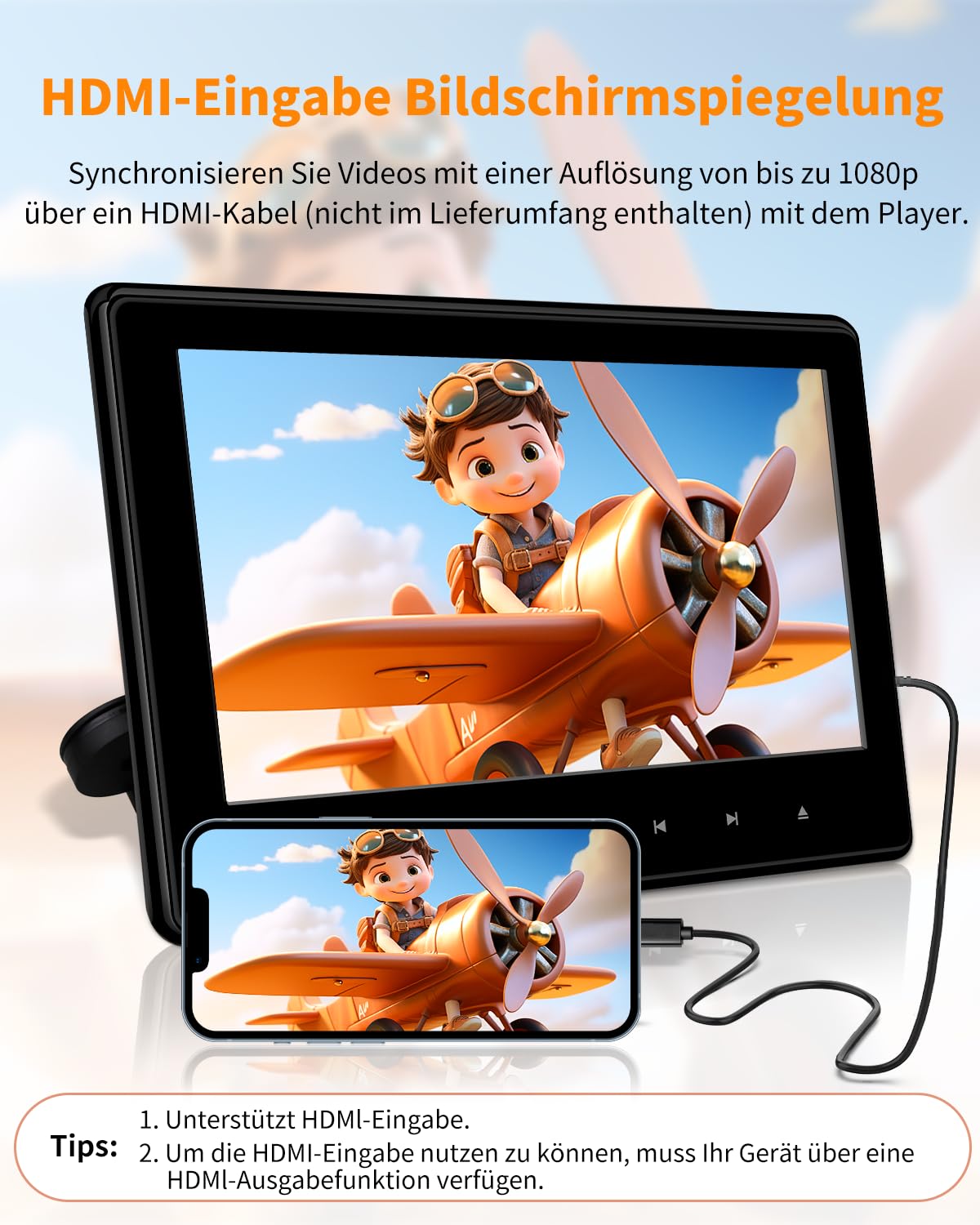 10,1" DVD Player Auto mit HDMI-Eingang, Tragbarer Auto DVD-Player mit Kopfstützenhalterung, Disc-Eingang mit Saugnapf, Unterstützt Letzter Speicher, USB/TF-Karte