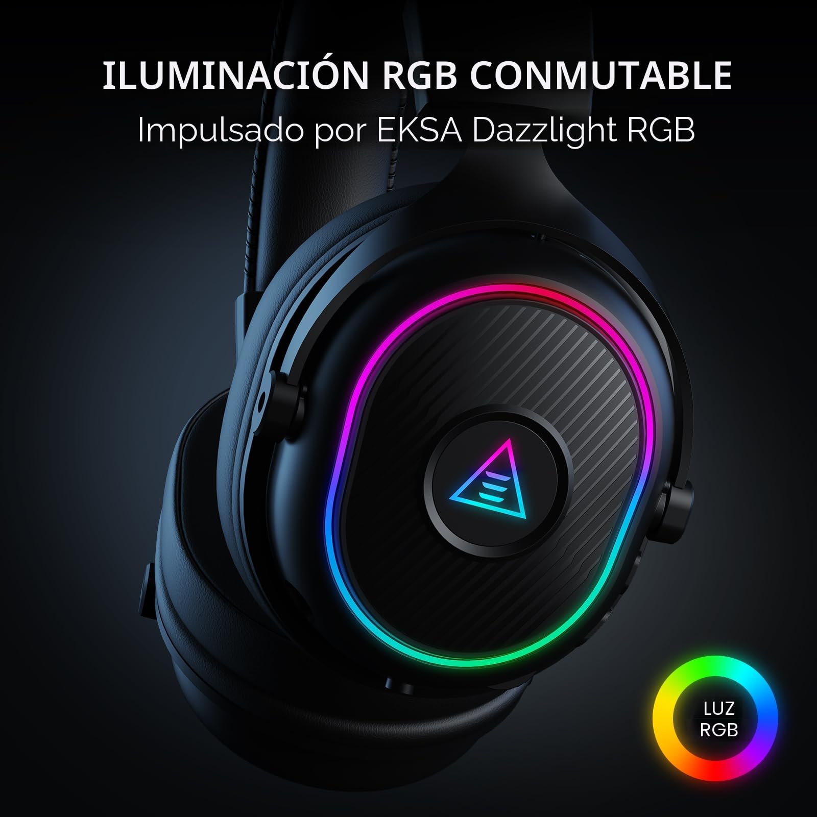 EKSA Cascos Gaming Inalámbricos para PC/Ps5/Ps4, Auriculares Gaming Inalámbricos con 2,4 GHz+BT 5,3 Modo Dual, Sonido Estéreo Cascos con Microfono, Cascos con Luz RGB, Duración 80Hr+