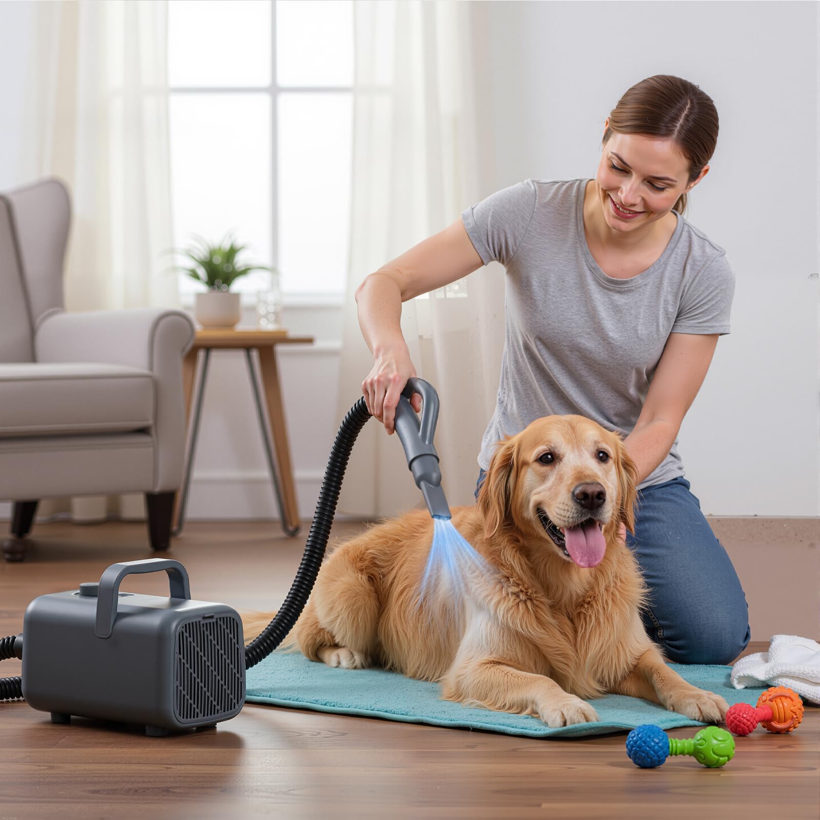 DUMOS Dog Blow Dryer Grooming Vacuum Kit, Cat Dog Hair Dryer with Adjustable Wind Speed &amp; Heater Temperature, Cool-Warm-Hot Cycle Mode, 4 Nozzles, 6.5 FT Cord for Low Noise Pet Hair Remover - Grey