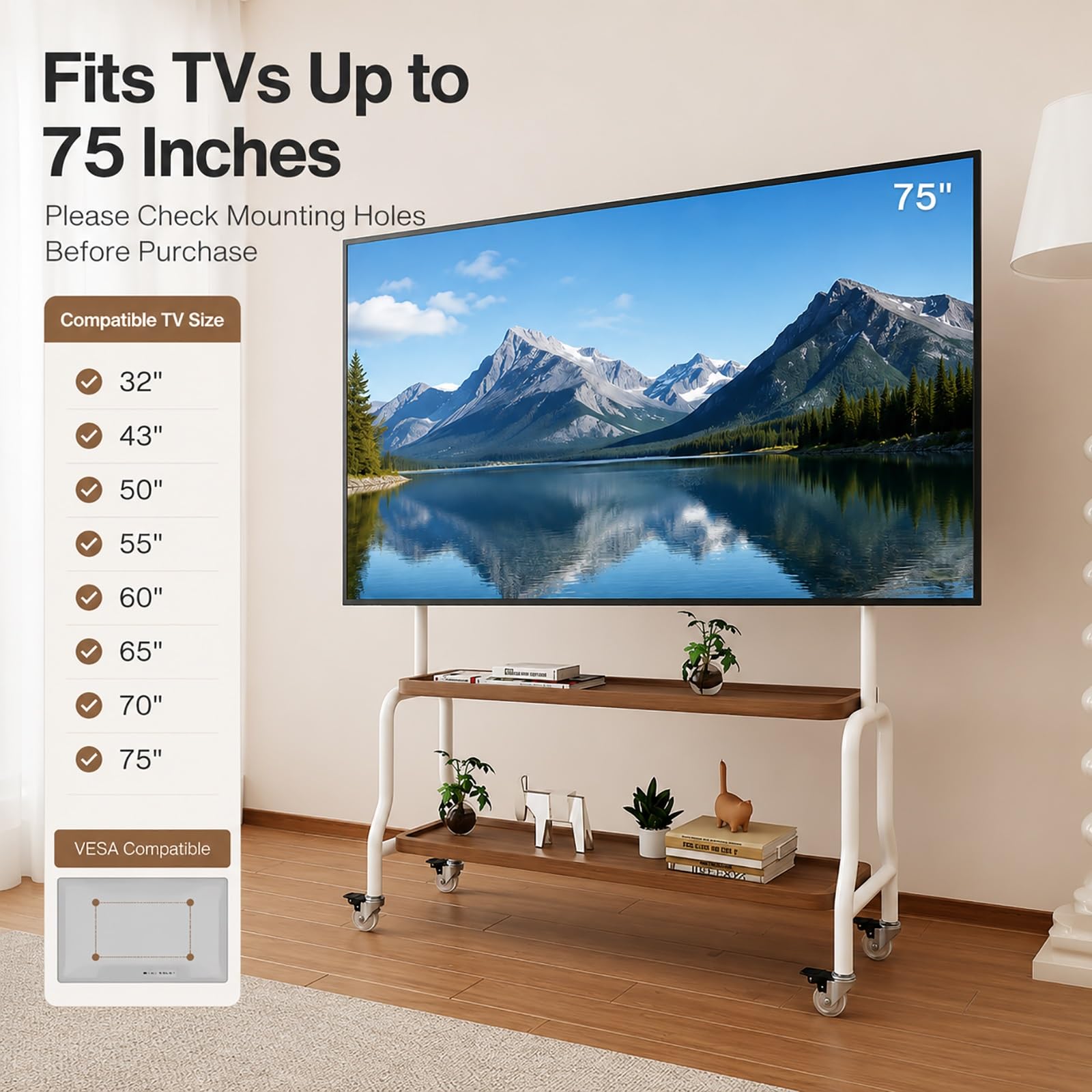 Soporte TV Pie Portátil con Estante, Soporte TV con Ruedas Móvil | Compatible VESA, Ruedas Giratorias Bloqueo 360°, Estante Doble para Dormitorio, Sala Estar, Interiores