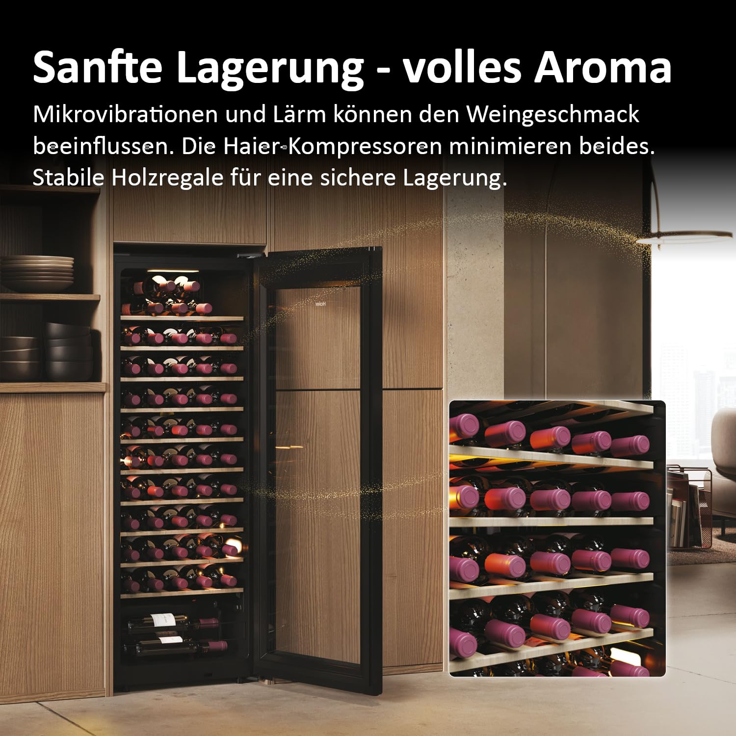 Haier Weinkühlschrank 50 SERIE 3 HWS58GGH1 Weinklimaschrank 58 Flaschen Wine Fridge UV-Glastür 10 Holzregale Wi-Fi Touch-Display