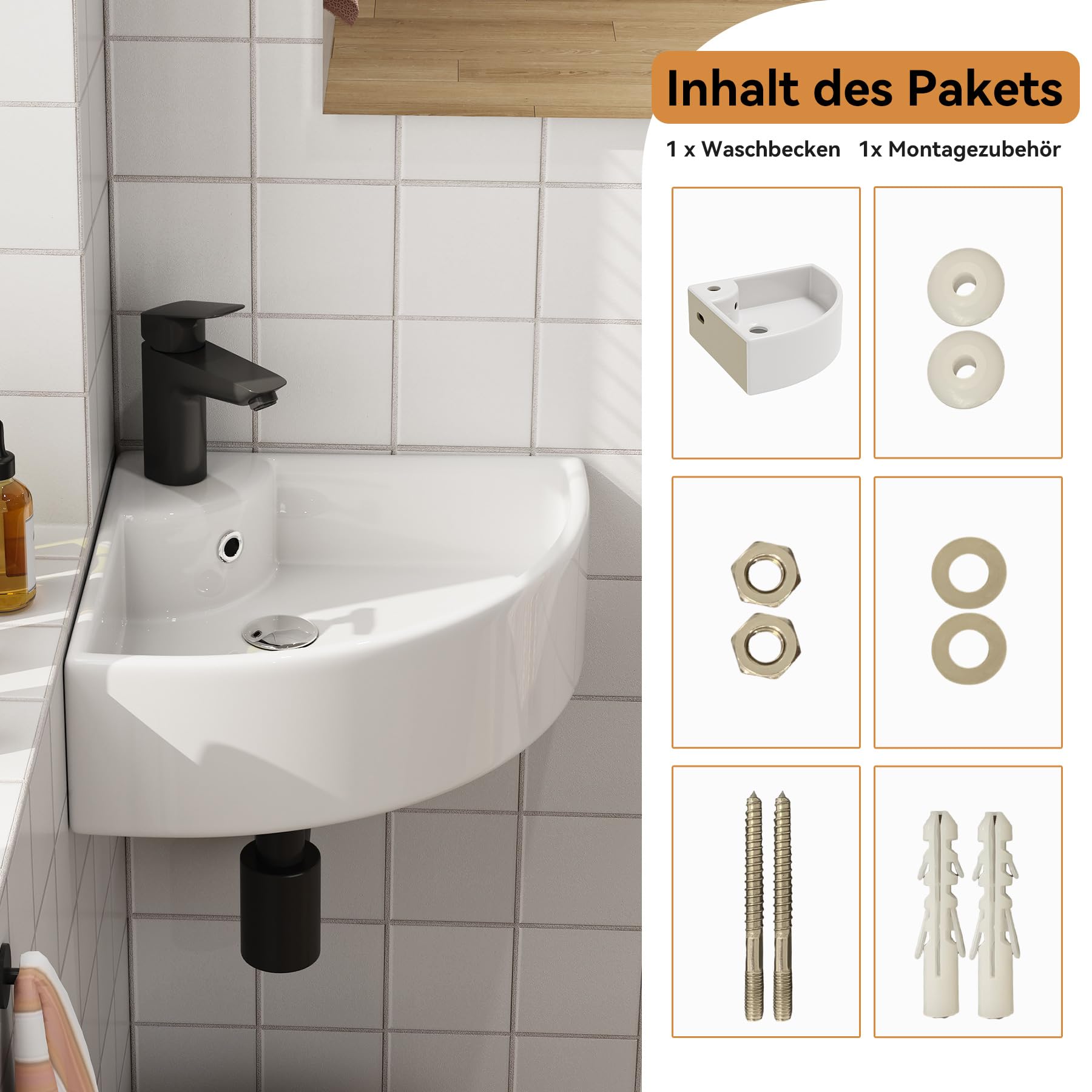 HOROW Lavabo Piccolo Angolare in Ceramica, Montaggio a Parete, 46 x 31 cm, Ideale per Bagni Piccoli e Ospiti WC