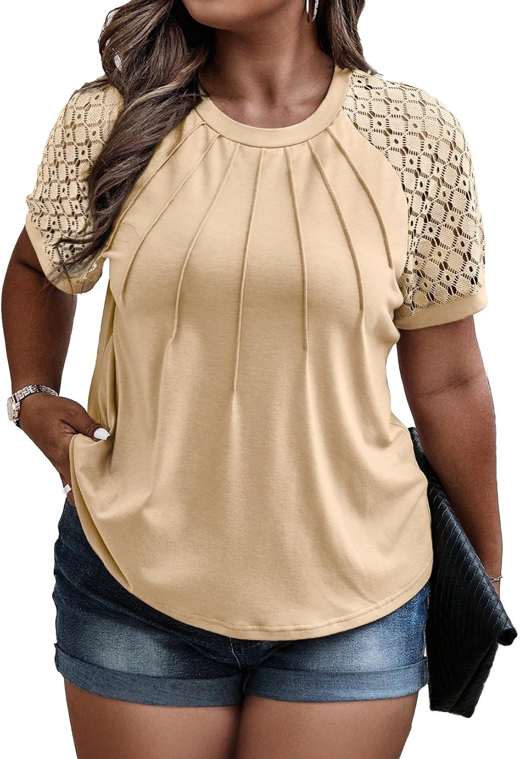 Eytino Plus Size Tops for Women Summer Lace Short Sleeve Crewneck Loose Casual Blouse Tunic T Shirts(1X-5X)
