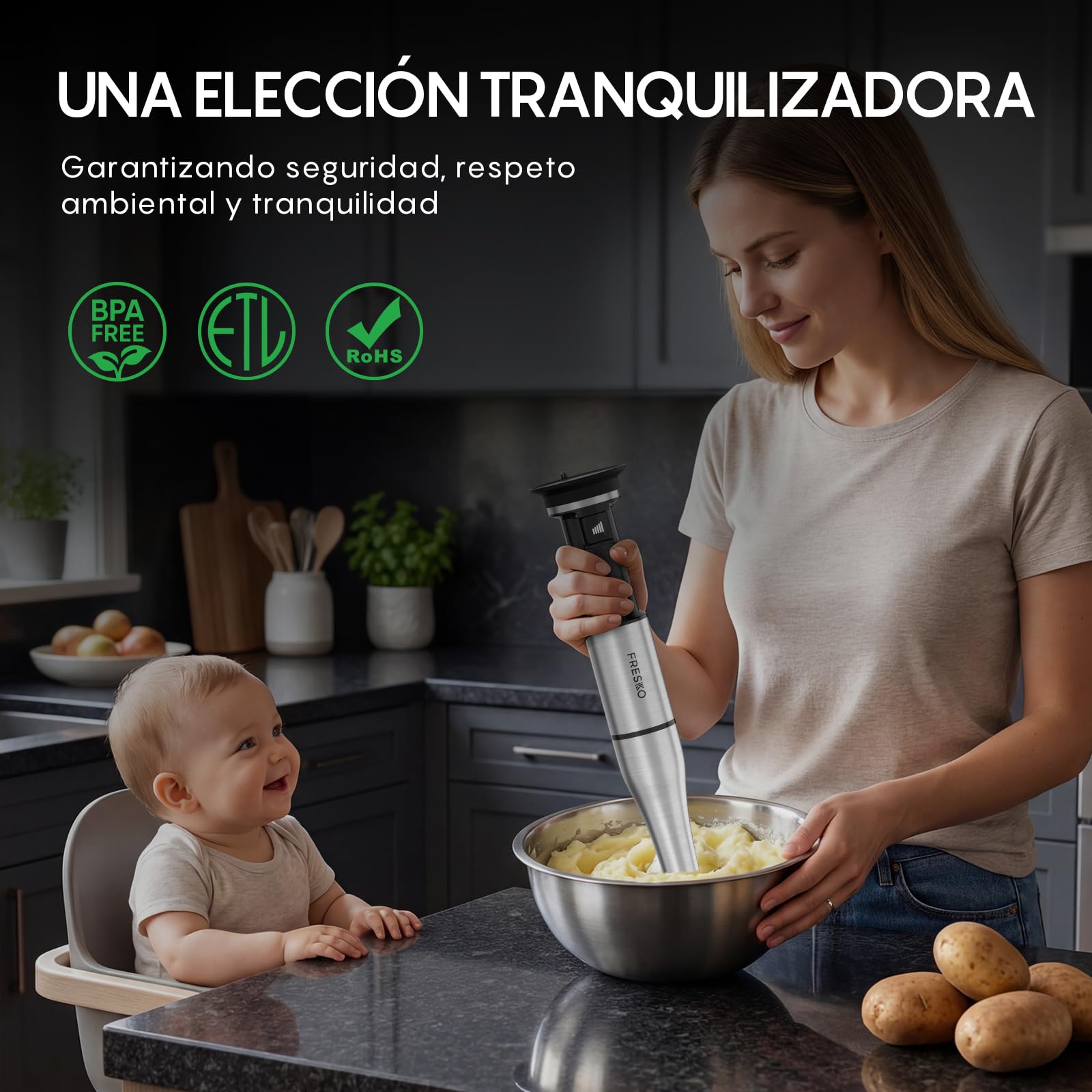 FRESKO Batidora de Mano 4 en 1 1000W, Velocidad Graduable, 4 Cuchillas Inox | Acero Inoxidable con Protector para Ollas, Batidora para Alimentos de Bebé, Sopas, Smoothies, Purés, Salsas, H9