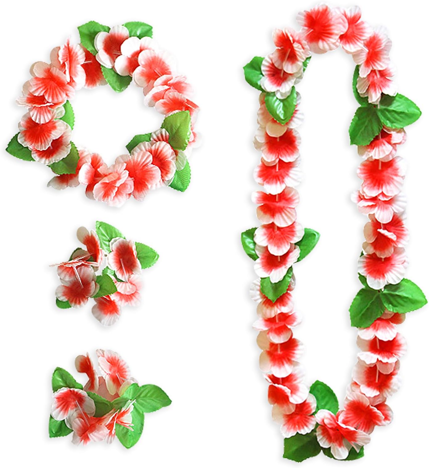 4 Pieces Hawaiian Leis Set Green Red Luau Leis Hawaiian Flowers Leaves Wreath Garland Tropical Floral Accessories for Hawaiian Luau Party Wedding Beach Party Favors