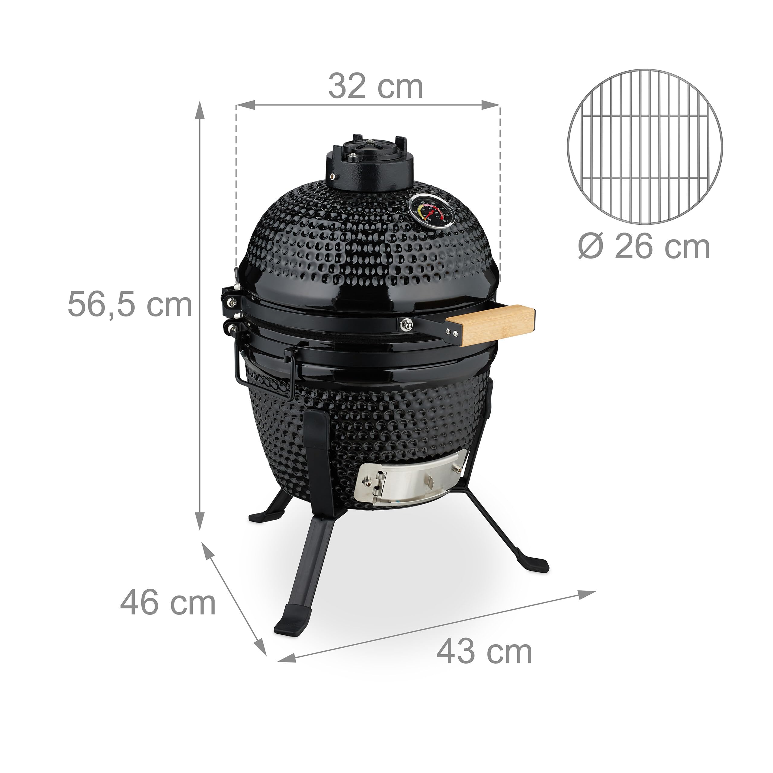 Relaxdays Barbacoa de Carbón Kamado, 26 cm Ø, Parrilla Cerámica con Termómetro hasta 450°C, BBQ, Asar y Cocinar, Negro