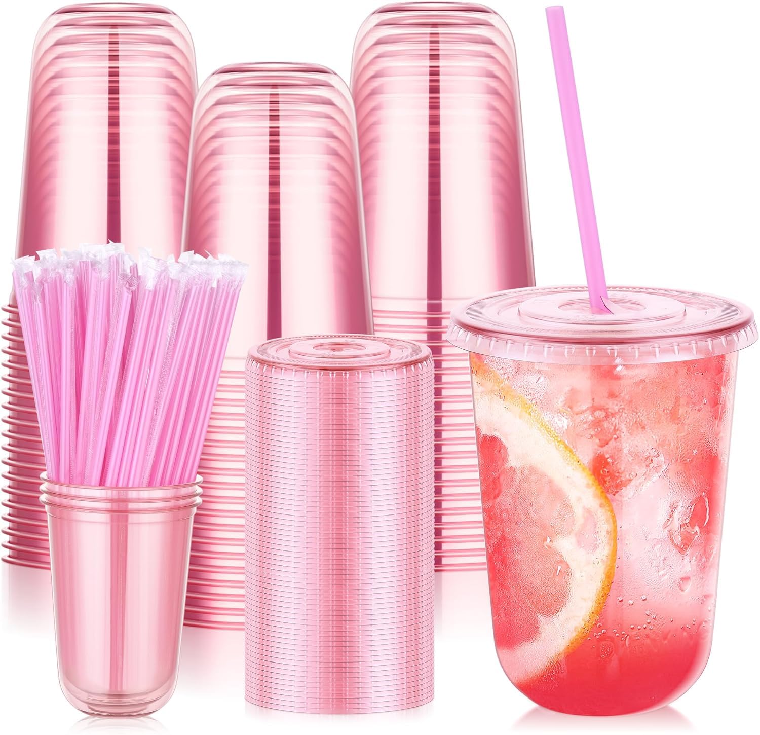KesaPlan 50 Pack 16 oz Pink Plastic Party Cups with Lids and Straws — Amazon image 13