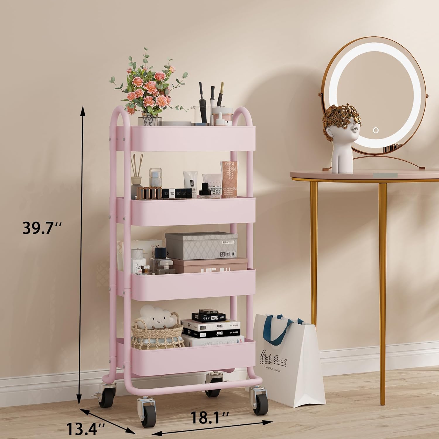 4 Tier Metal Rolling Cart Pink Utility Cart with Wheels,Rolling Pink Cart for Office,Home,Kitchen,Garden（13.4"x18.1"x40"）
