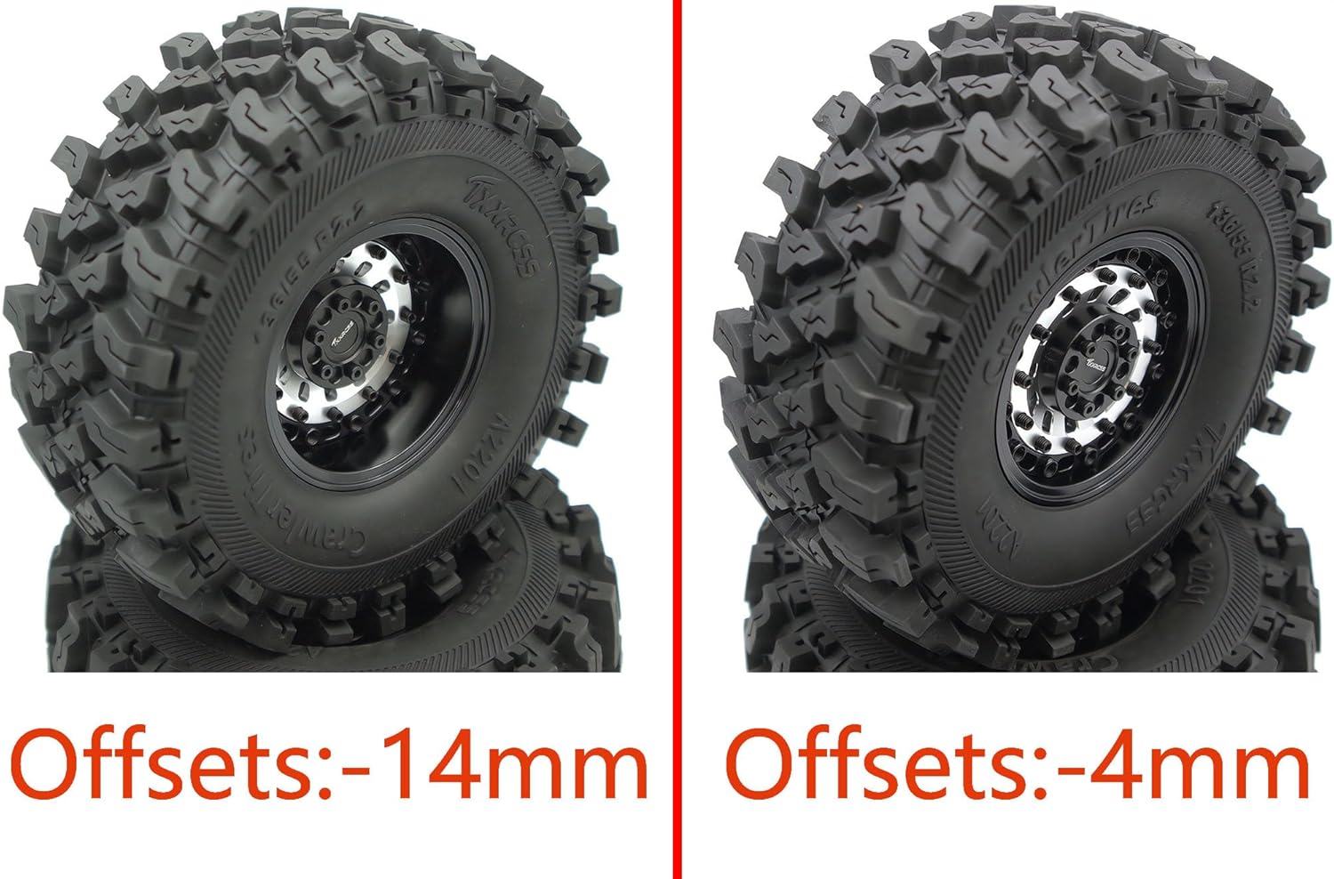 Heavy Duty RC Crawler 2.2 Beadlock Wheels Adjustable 2 Offsets and Tires 136mm Tall Soft Sticky Mud Slingers Tyres Rims Hex 12mm for 1/10 SCX10 TRX4 Axial Remote Control Car (Silver Black)
