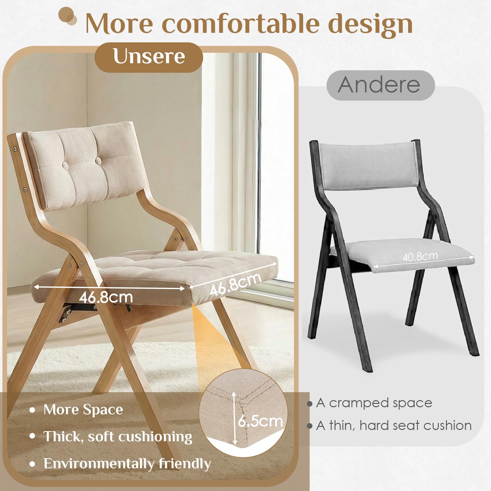 Clevich Chaises Pliantes Tapissées 4pcs, 47 x 55 x 77 cm, chaises Pliantes interieures en Bois, pour Adultes, Style Nordique avec Bois et Tissu Lin, pour invités, Bureau, Mariage et fête, Beige