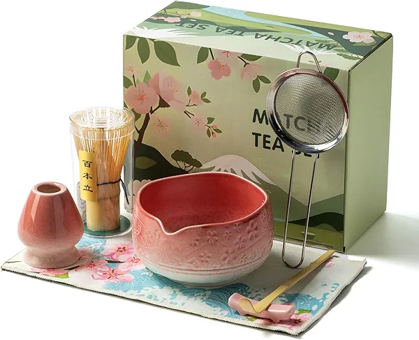 Ghegicu7PCS Matcha Whisk Set, Ceramic Matcha Set Includes 18 OZ Bowl, Whisk, Holder, Bamboo Scoop, Rest, Sifter and Tea Towel Elegant Matcha Kit for Matcha Tea Ceremony (Pink)
