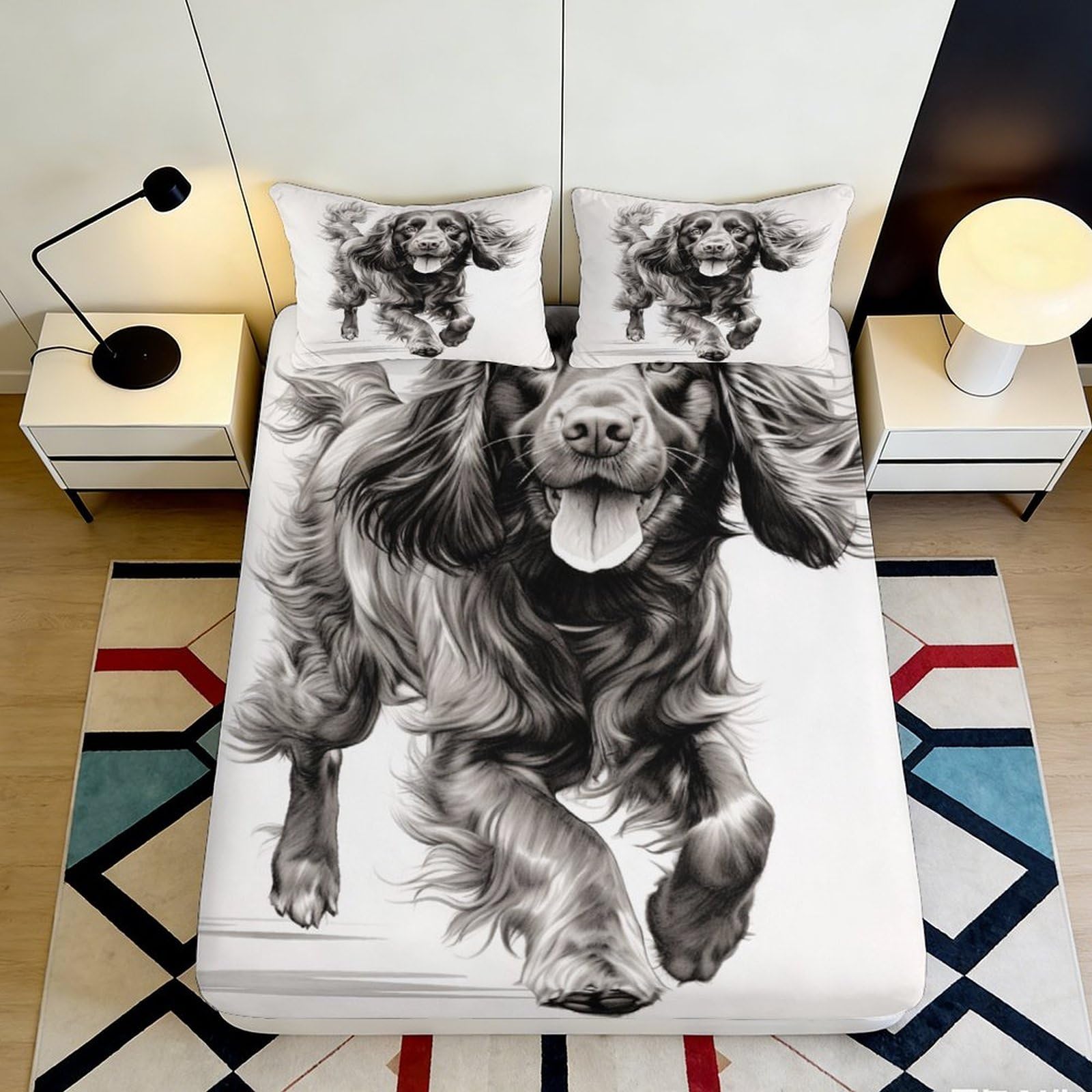 Pnayamiorkfel Style-7 3D Printed Running Dog Fitted Sheet Microfiber Soft Black White Sketch Bed Cover For Bedroom Guest Room Decor 90X200x25cm