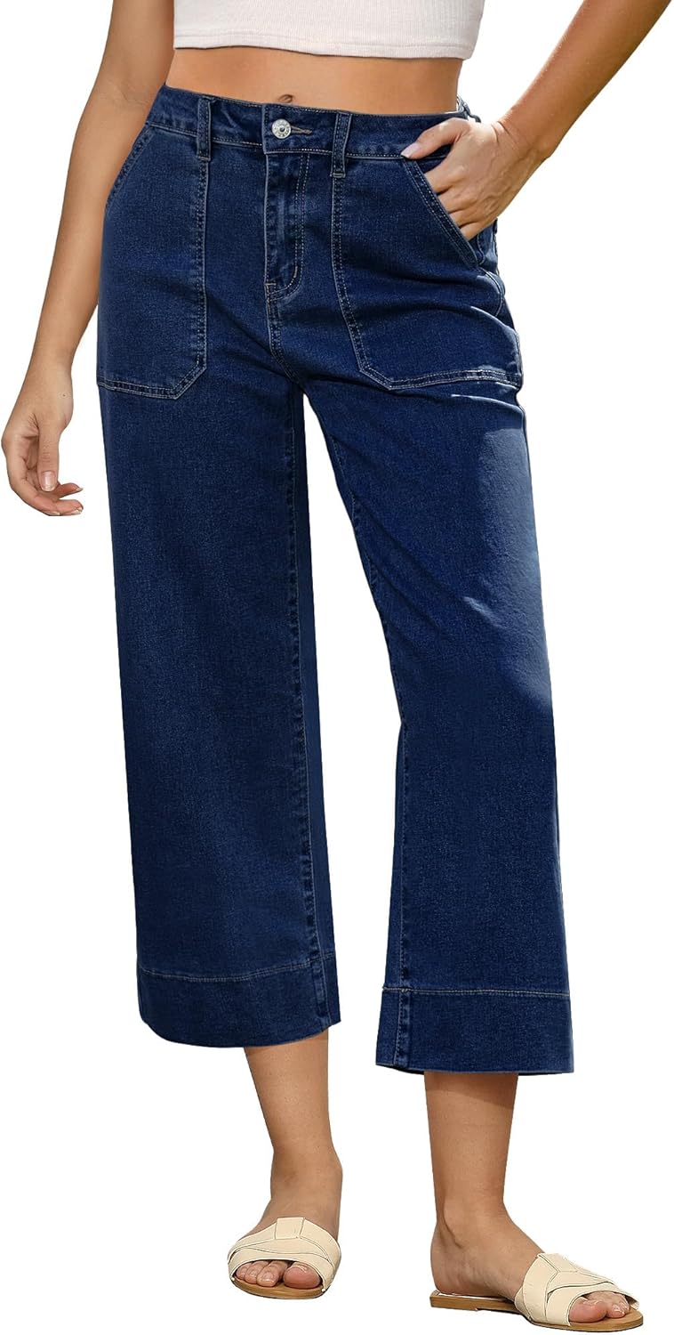 GRAPENT Capri Jeans for Women High Waisted Wide Leg Trendy Strechy Loose Straight Cropped Denim Jeans Pants with Pockets