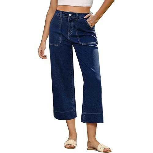 GRAPENT Capri Jeans for Women High Waisted Wide Leg Trendy Strechy Loose Straight Cropped Denim Jeans Pants with Pockets