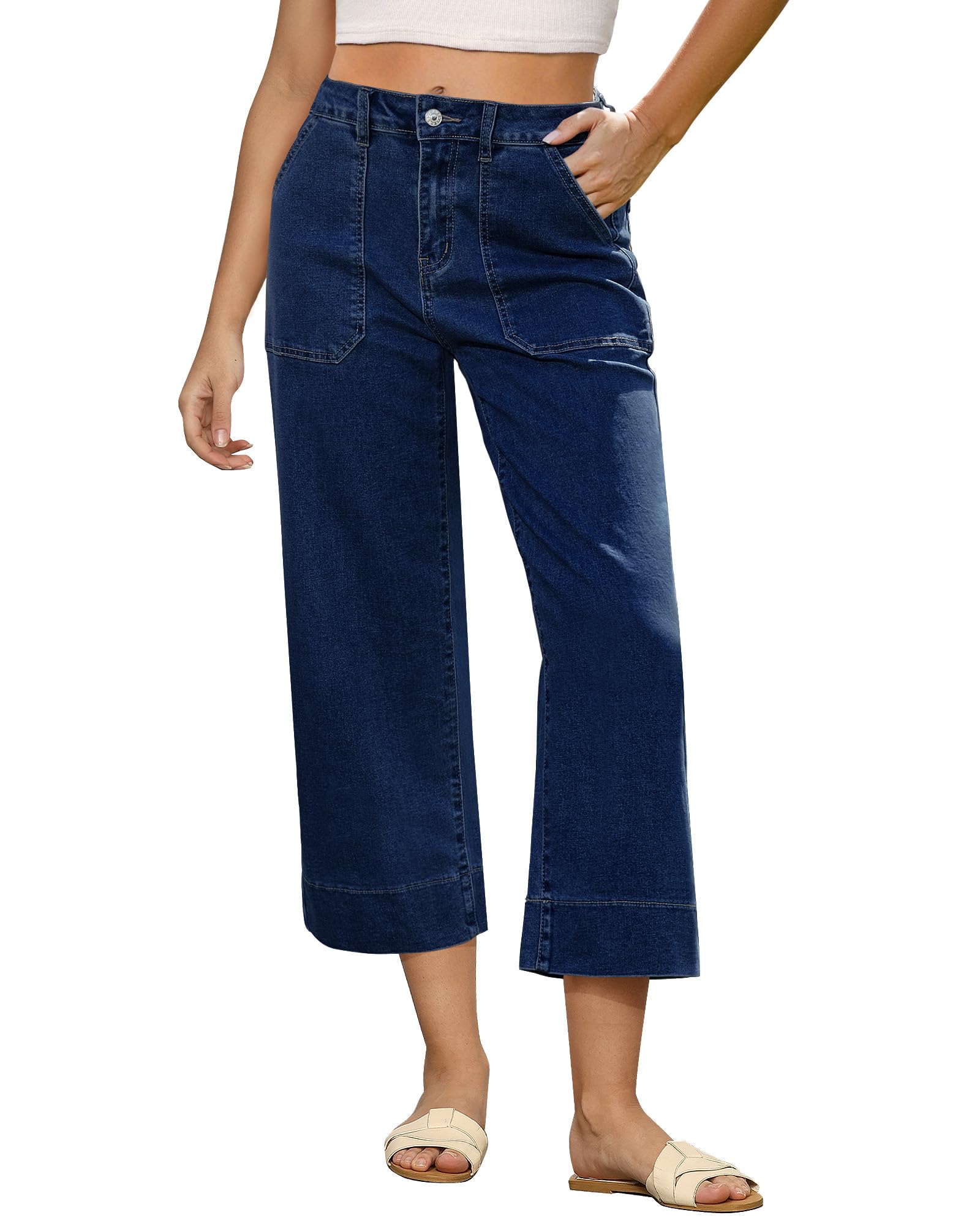 GRAPENT Capri Jeans for Women High Waisted Wide Leg Trendy Strechy Loose Straight Cropped Denim Jeans Pants with Pockets
