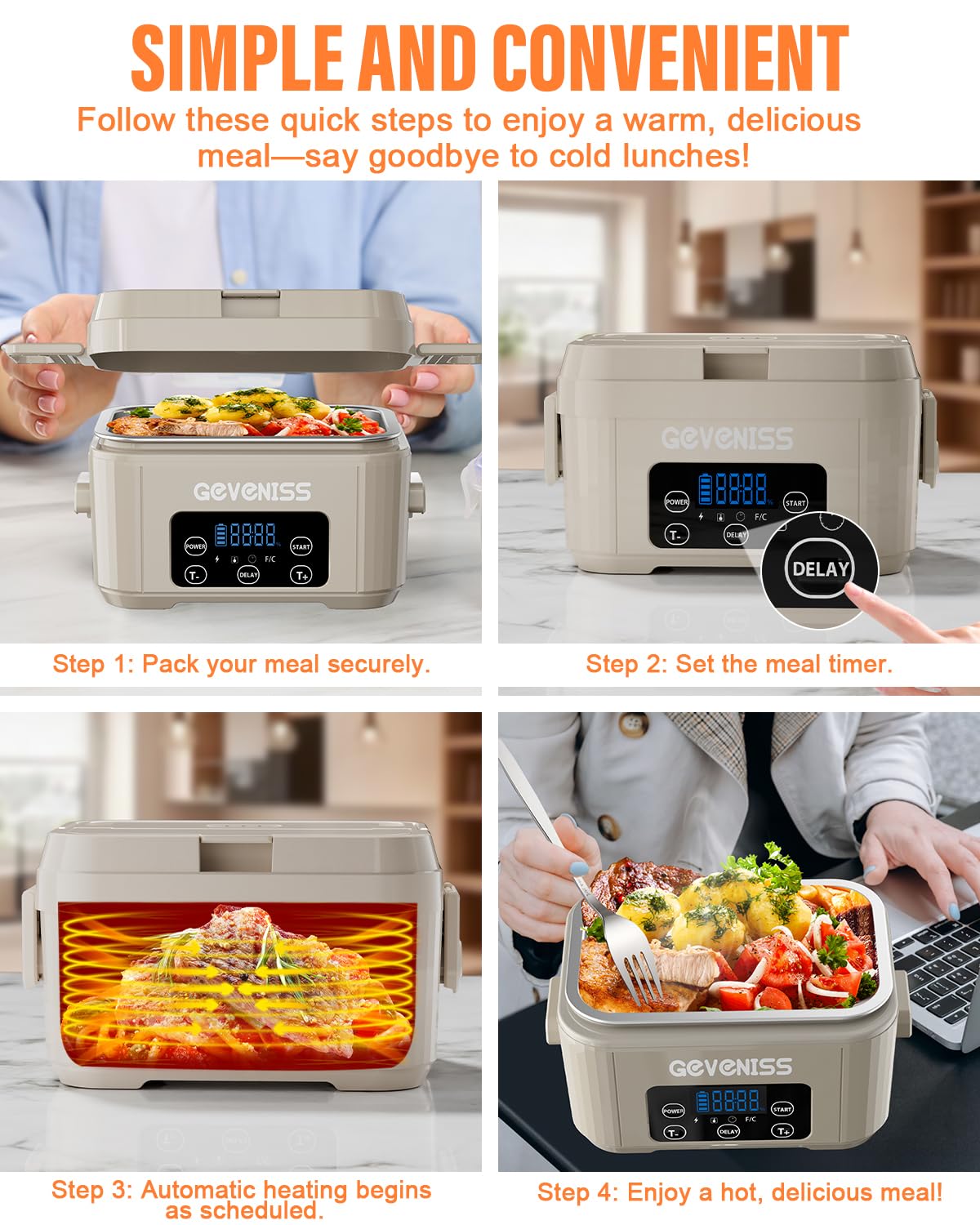 Geveniss Lonchera eléctrica inalámbrica para adultos, lonchera térmica con recipiente SS de 1100 ml, calentador de alimentos alimentado por pilas con tapa a prueba de fugas, calentamiento rápido de