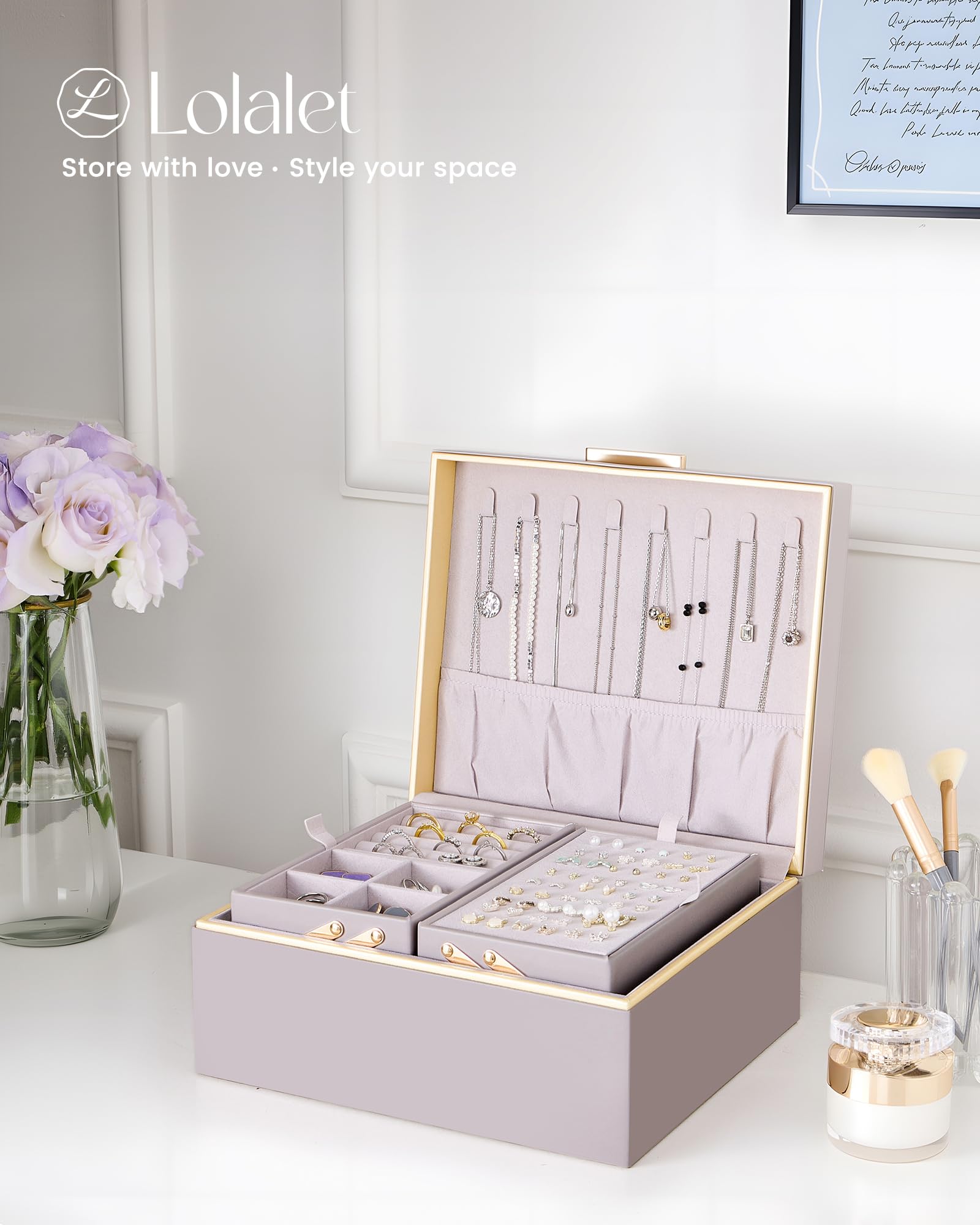 Lolalet Boîte à Bijoux, Coffret de Rangement pour Bijoux en Cuir PU, Multi-Compartiments pour Colliers, Bagues, Boucles d’oreilles, Bracelets et Lunettes de Soleil -2 Niveaux, Violet Brume