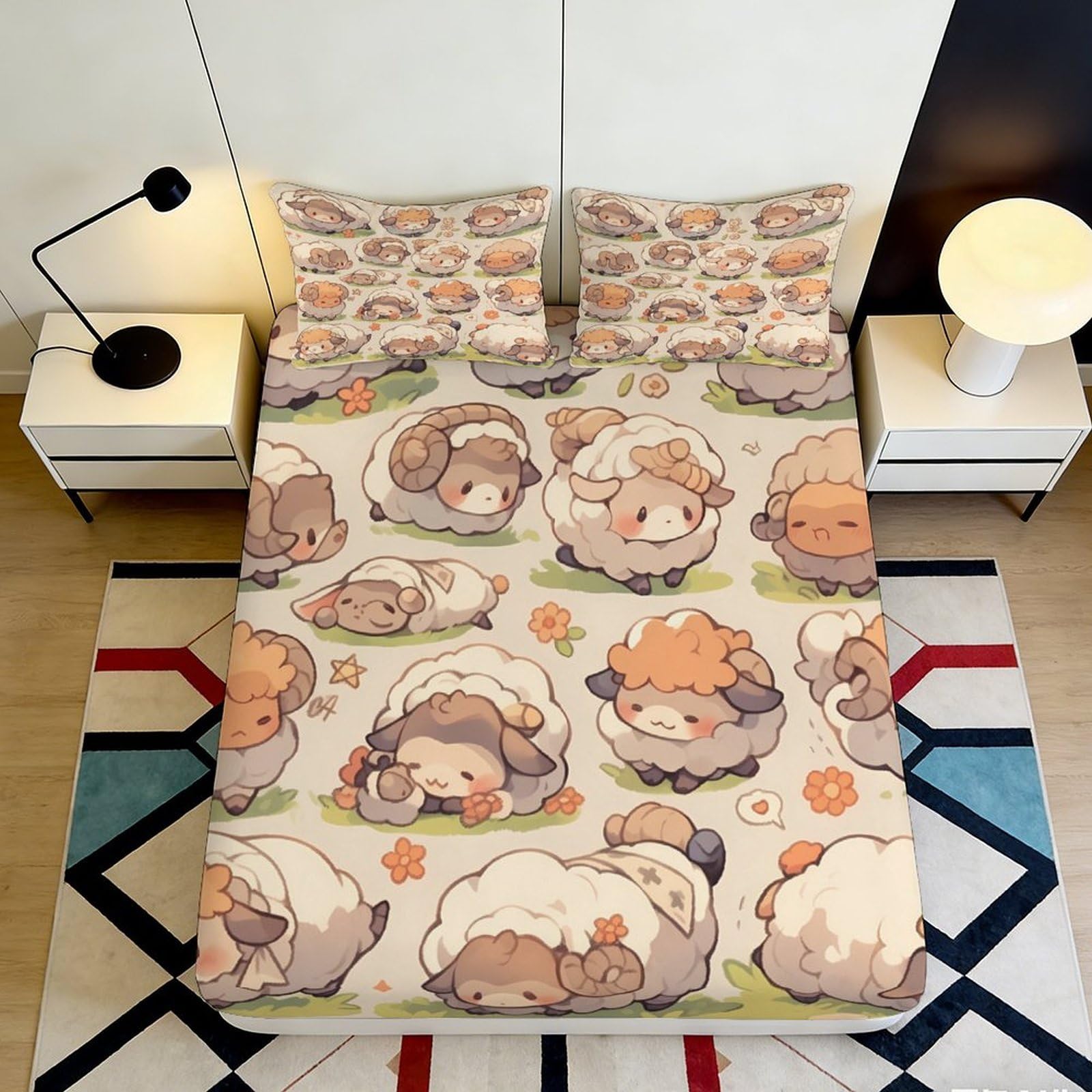 3D Printed Cute Sheep Fitted Sheet Microfiber Soft Skin-Friendly Cartoon Lamb Mattress Cover for Bedroom Guest Room Decor 90x200x25cm