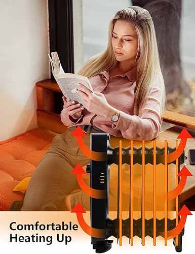 Miniatura 7 de Mini calentador de espacio lleno de aceite, calentador eléctrico con temperatura ajustable, potente calefacción de 700 W para dormitorio, oficina,