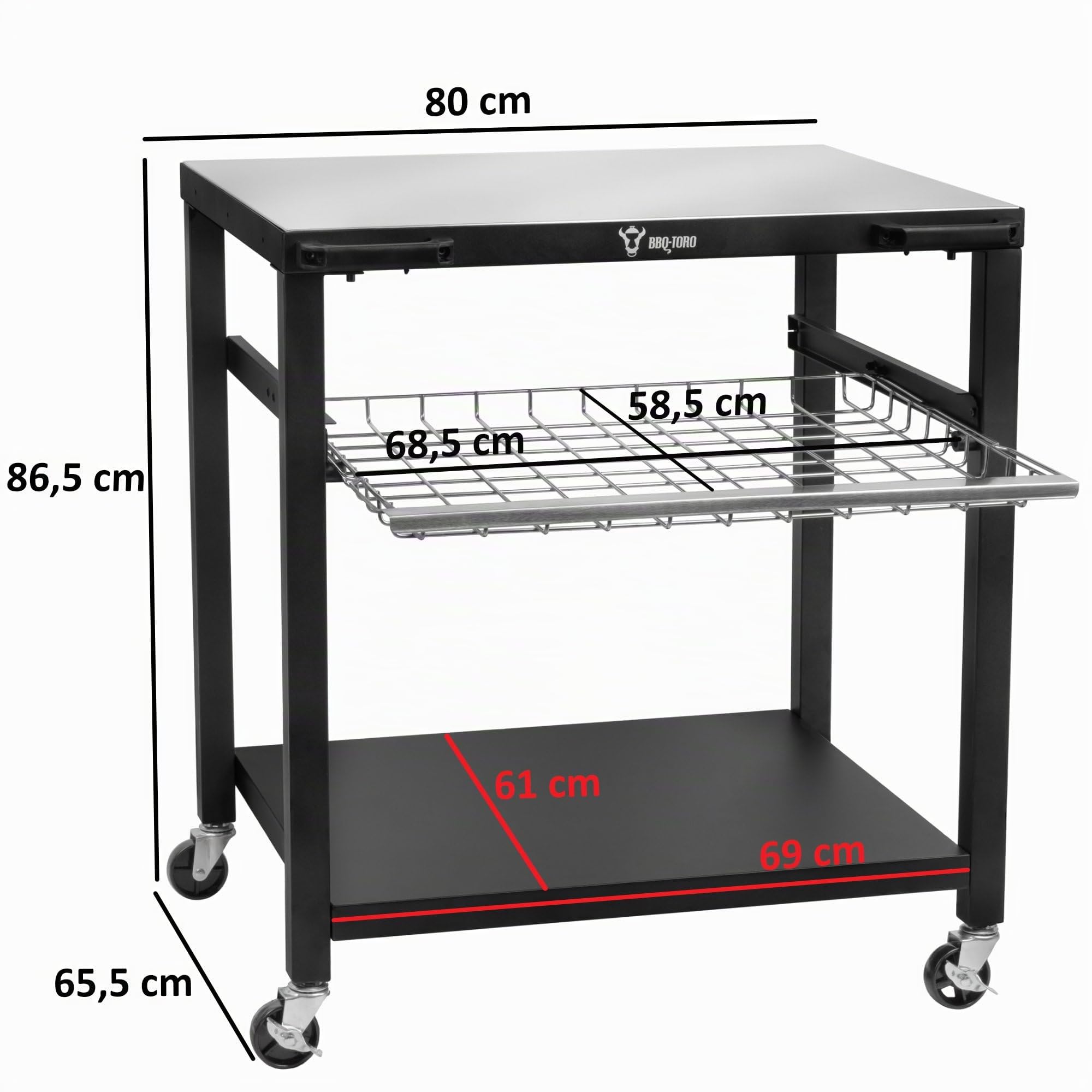 BBQ-Toro Chariot de barbecue 80 x 65,5 x 86,5 cm - Noir - Table de barbecue avec grande surface de travail - Table d'appoint pour barbecue d'extérieur - Table de barbecue d'extérieur (tiroir grillagé)