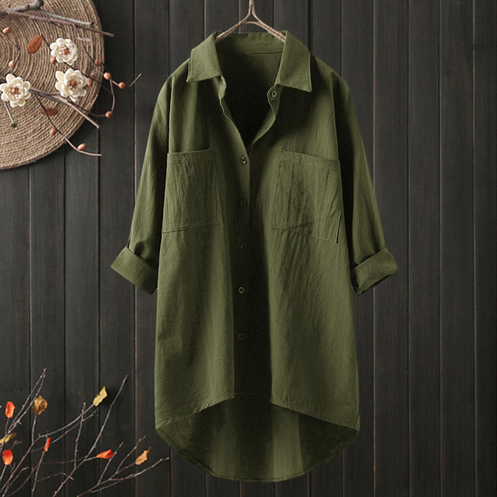 Chemise boutonnée en mousseline de lin pour femme tendance 2025 couleur unie à manches longues et col léger en lin et coton - Tunique d'été surdimensionnée en gaze de printemps pour femme