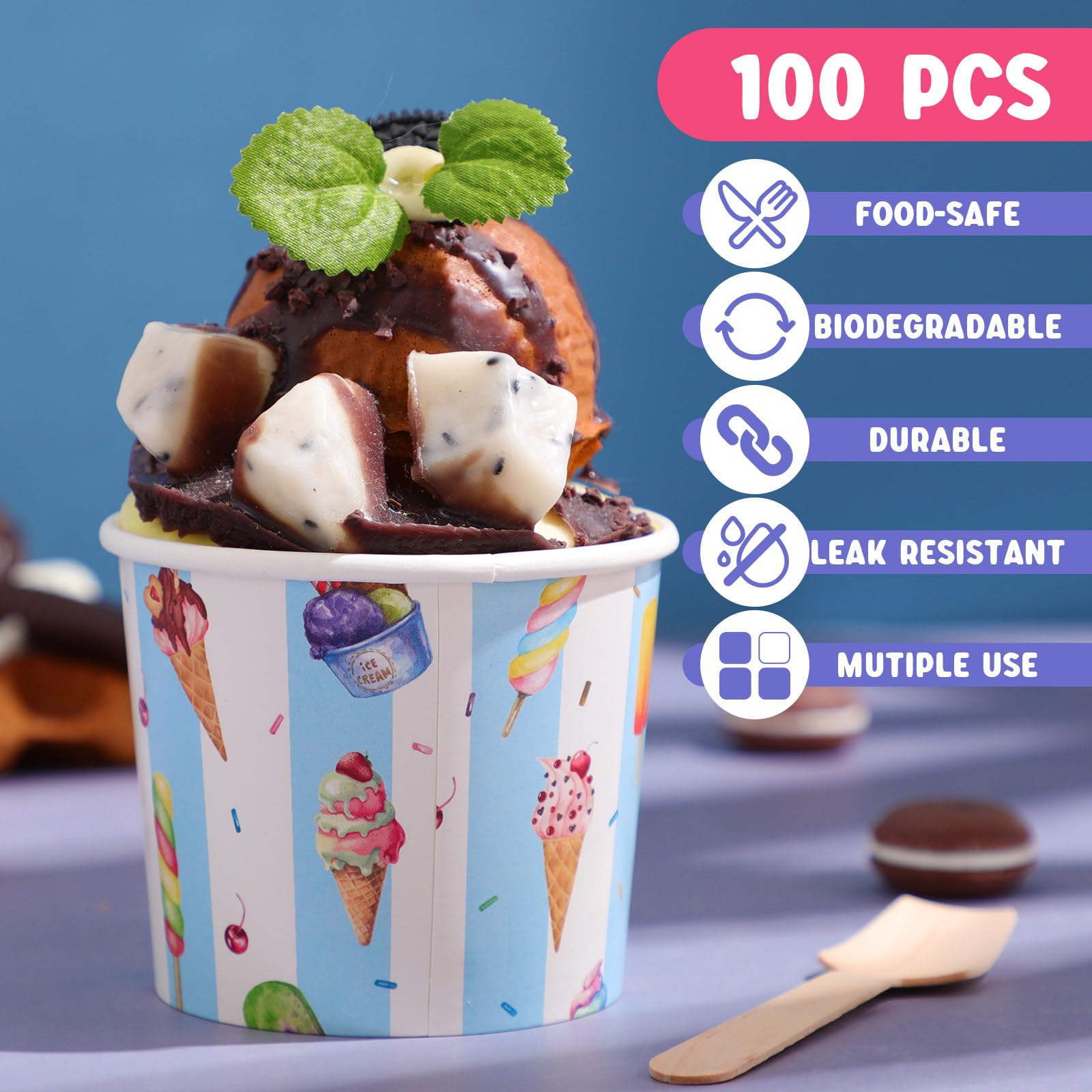 Juego de 100 tazas de helado de 6 onzas a granel con cucharas, cuencos desechables de postre coloridos para alimentos calientes o fríos, recipientes de Sundae, suministros de fiesta para