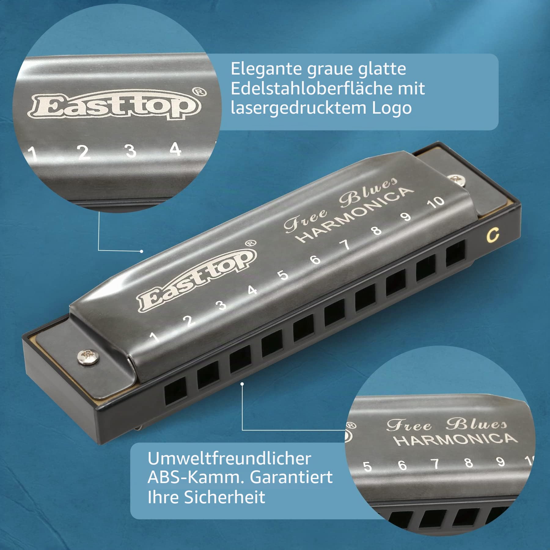 East top Mundharmonika C, Diatonische Mundharmonika Blau 10 Holes Professionelles Diatonic Blues Harmonica Für professionelle Spieler, Anfänger, Studenten, Erwachsene als Geschenk