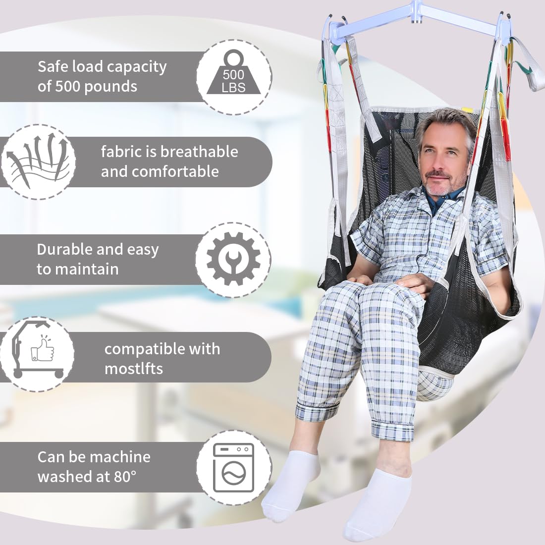 Eslinga universal de 6 puntos de elevación para pacientes de cuerpo completo, malla transpirable y apertura de cómoda, apto para elevadores, capacidad de peso segura de 500 libras (pequeño)