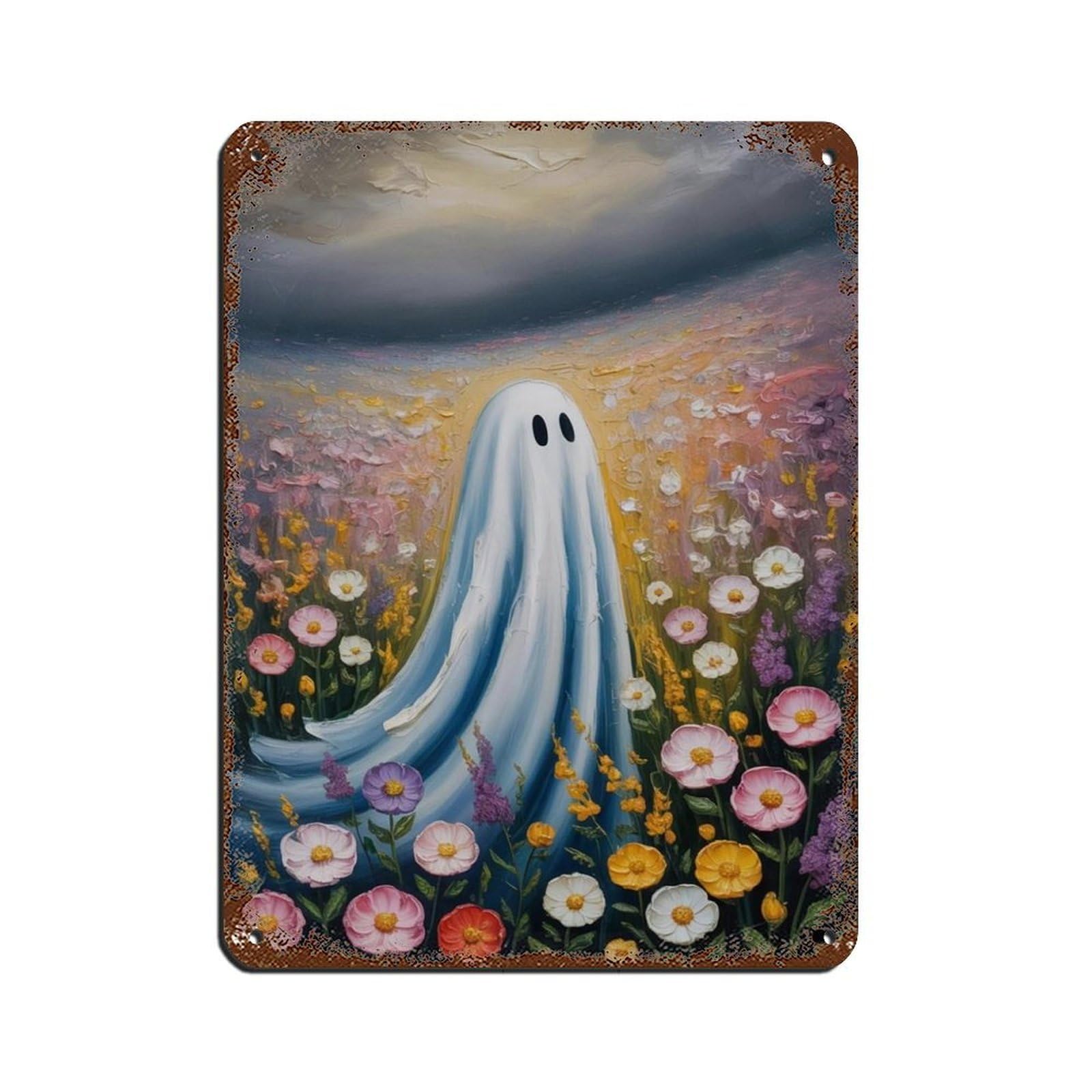 Ghost in The Wildflower Poster, Spooky Art (4) Tin Sign Vintage Metal Pub Club Cafe Bar Home Wall Art Decoration Poster Retro 12x16inch(30x40cm)