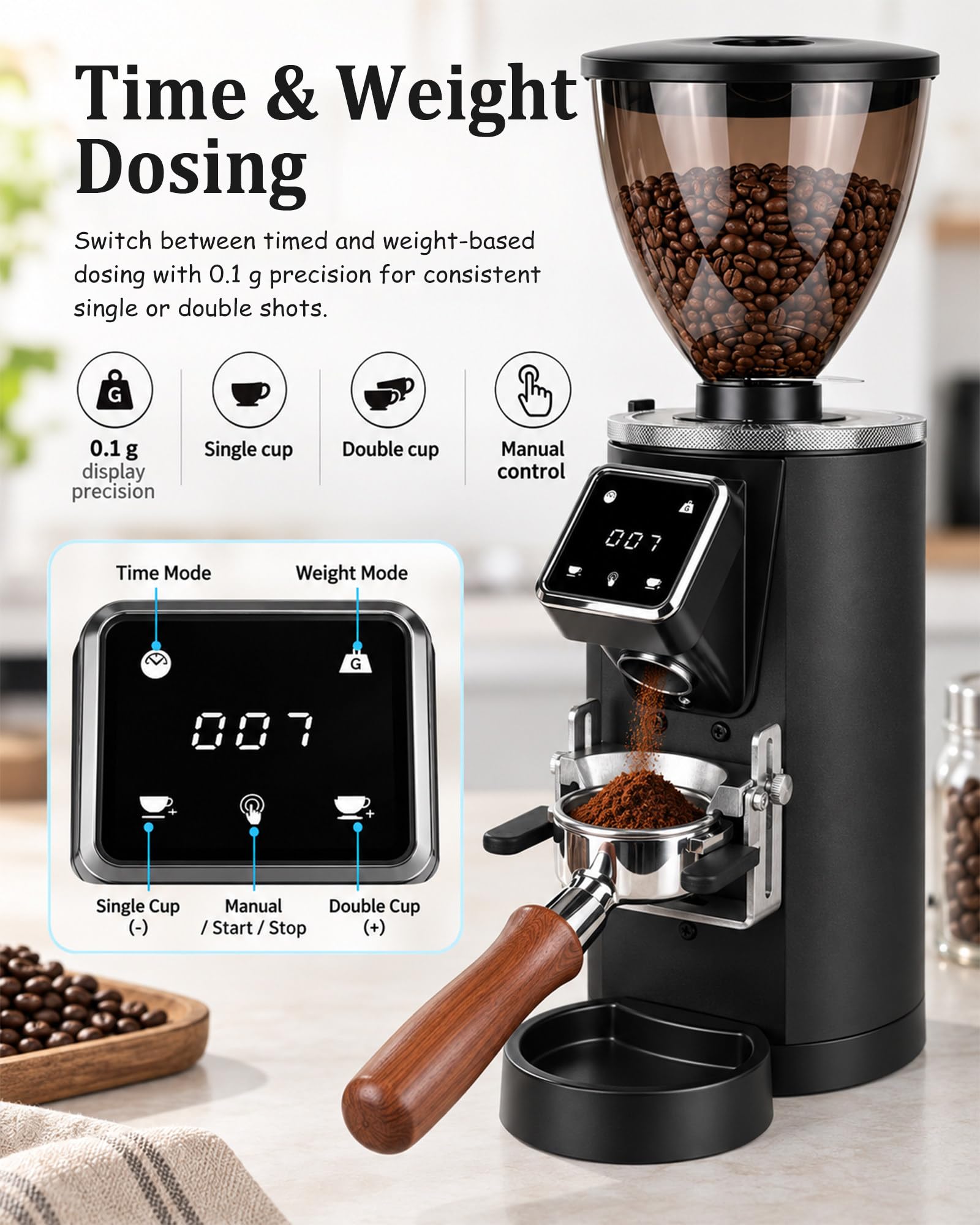 Macinacaffè Touchscreen 64mm, Espresso Commerciale a Macine Piane Black