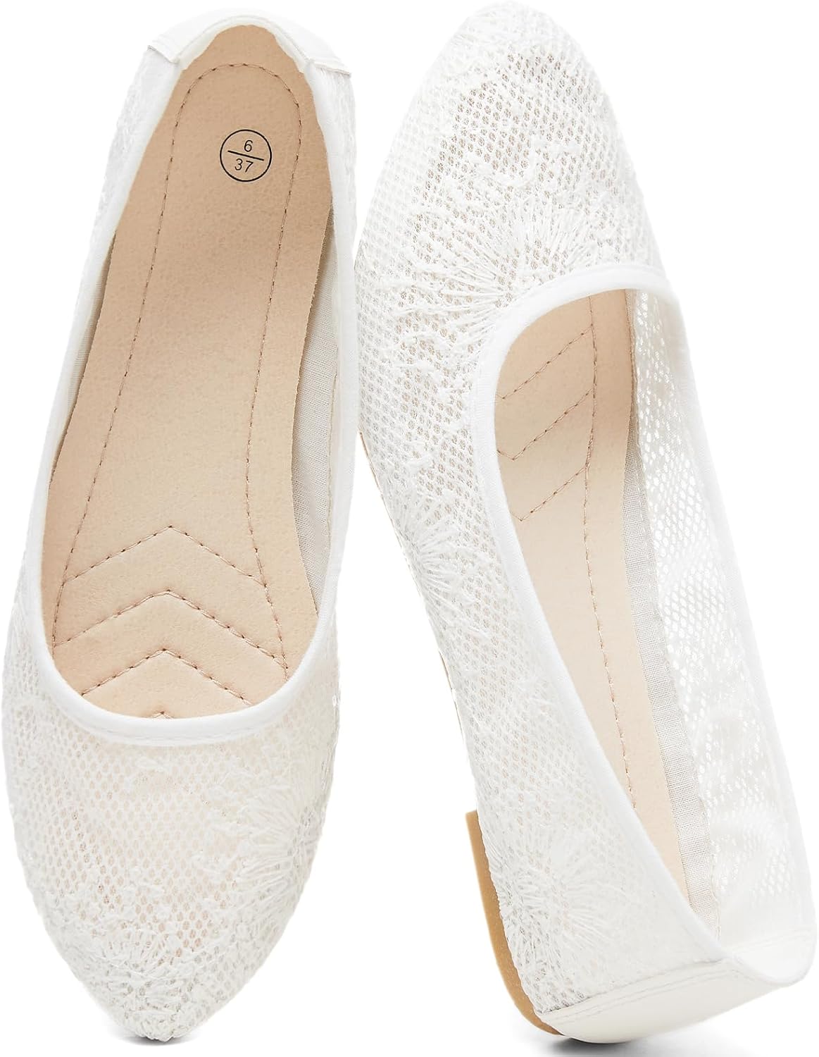 FINIWOR Women's Lace Ballet Flats Shoes Breathable Mesh Flats | embroidered floral, comfortable memory foam insole, wedding shoes for bride, fashion pointed toe, portable foldable, slip on