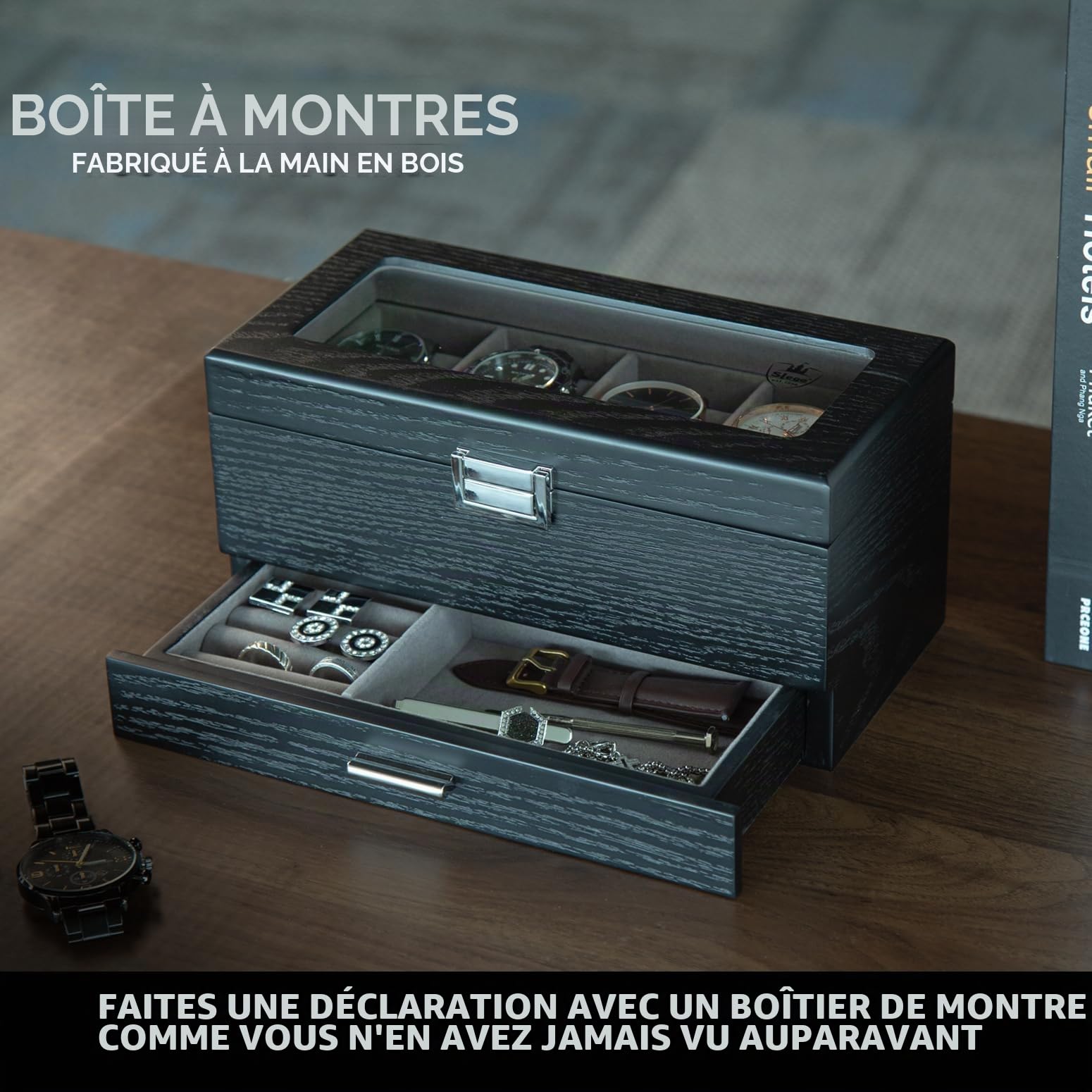 Slege Boîte à Montres en Bois,Fabriqué à Main,4 Emplacements avec Tiroir de Valet,Boîte à Montres pour Homme et Femme,Boîte de Rangement,avec Couvercle en Verre,Support de Montre,Watch Box Cadeau