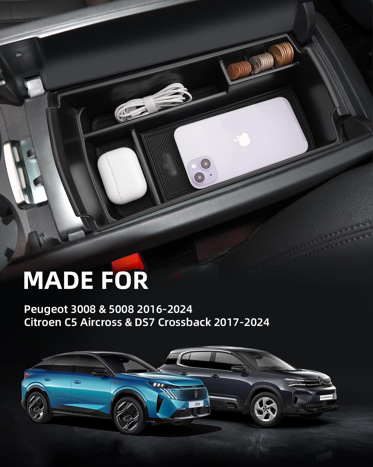 Boîte Rangement Accoudoir Central Compatible Peugeot 3008 5008 GT C5 Aircross DS7 2016-2024 - Organiseur Console