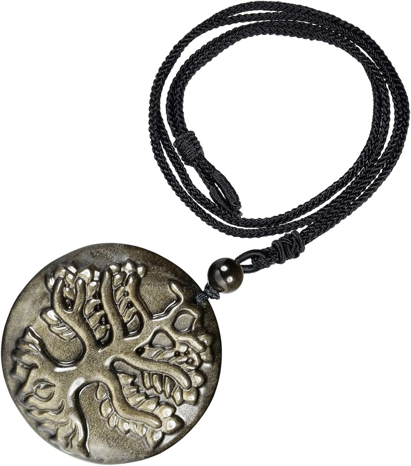 Nupuyai Natural Gold Obsidian Pendant Necklace for Women and Men, Engraved Healing Crystal Amulet Stone with Adjustable Braided Cord