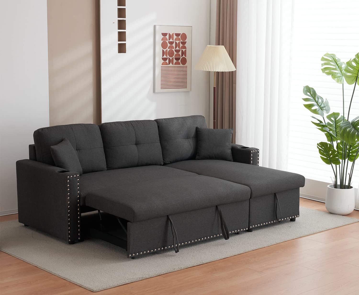 Loveseat Sofa Bed with Storage Chaise Pull Out Couch Bed for Small Space Fabric Small Sofa Couch Convertible Sleeper Sectional Sofa for Bedroom, Apartment, Home Office(Dark Gray)