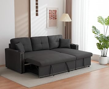 Loveseat Sofa Bed with Storage Chaise Pull Out Couch Bed for Small Space Fabric Small Sofa Couch Convertible Sleeper Sectional Sofa for Bedroom, Apartment, Home OfficeDark Gray