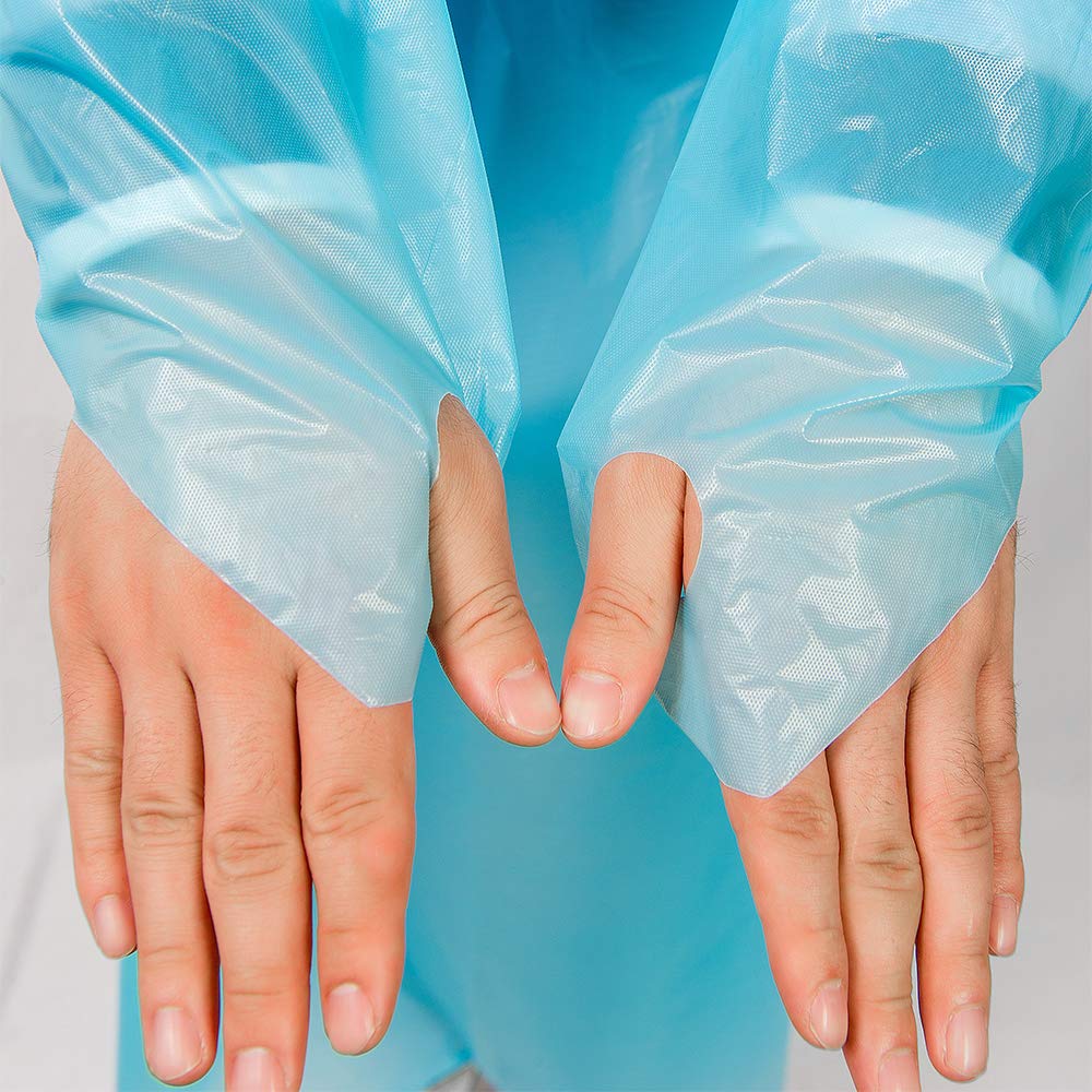 100 pezzi monouso in plastica isolante, grembiuli universali di isolamento protettivo, tuta unisex resistente ai fluidi, blu abiti protettivi con maniche lunghe