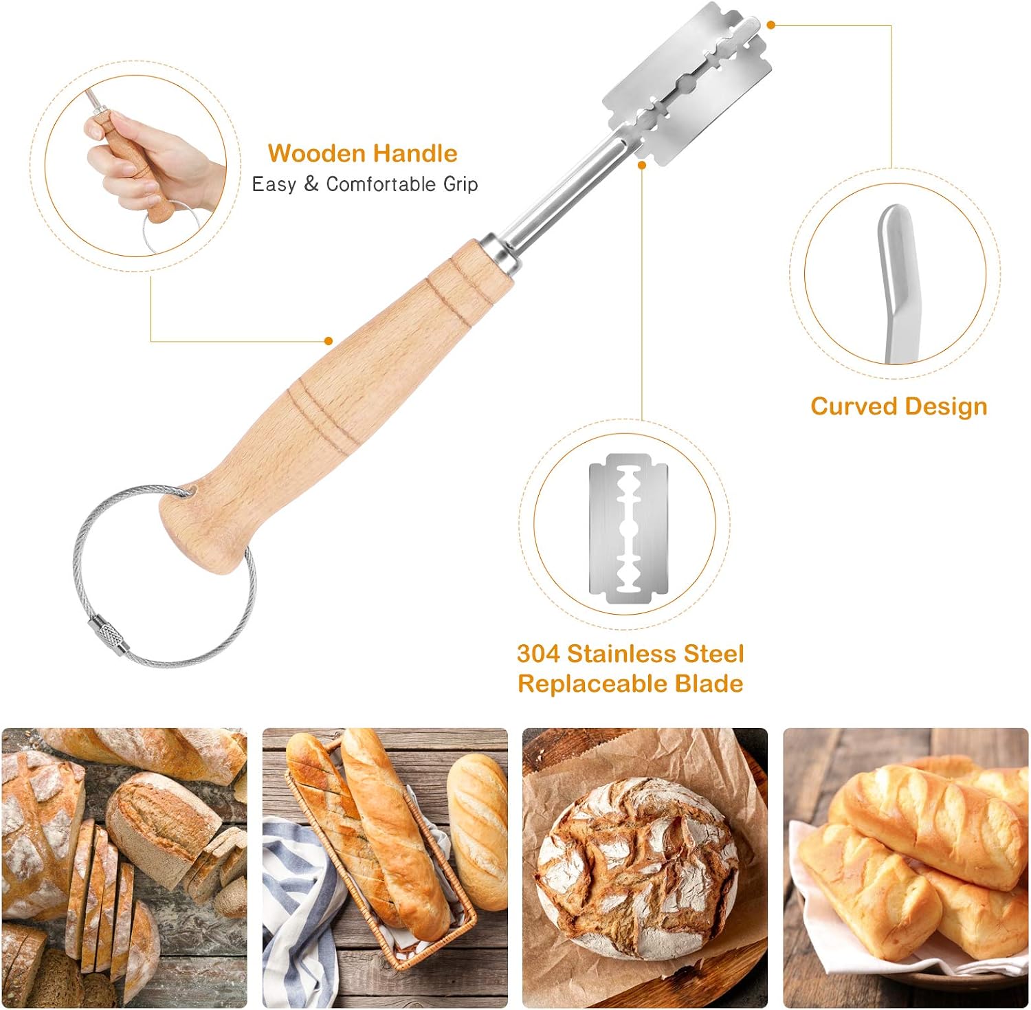 Danish Dough Whisk Set - Mixoo Large Double Eye Bread Mixer Set with Stainless Steel Dough Bench Scraper and Bread Lame for Cake Bread Pastry