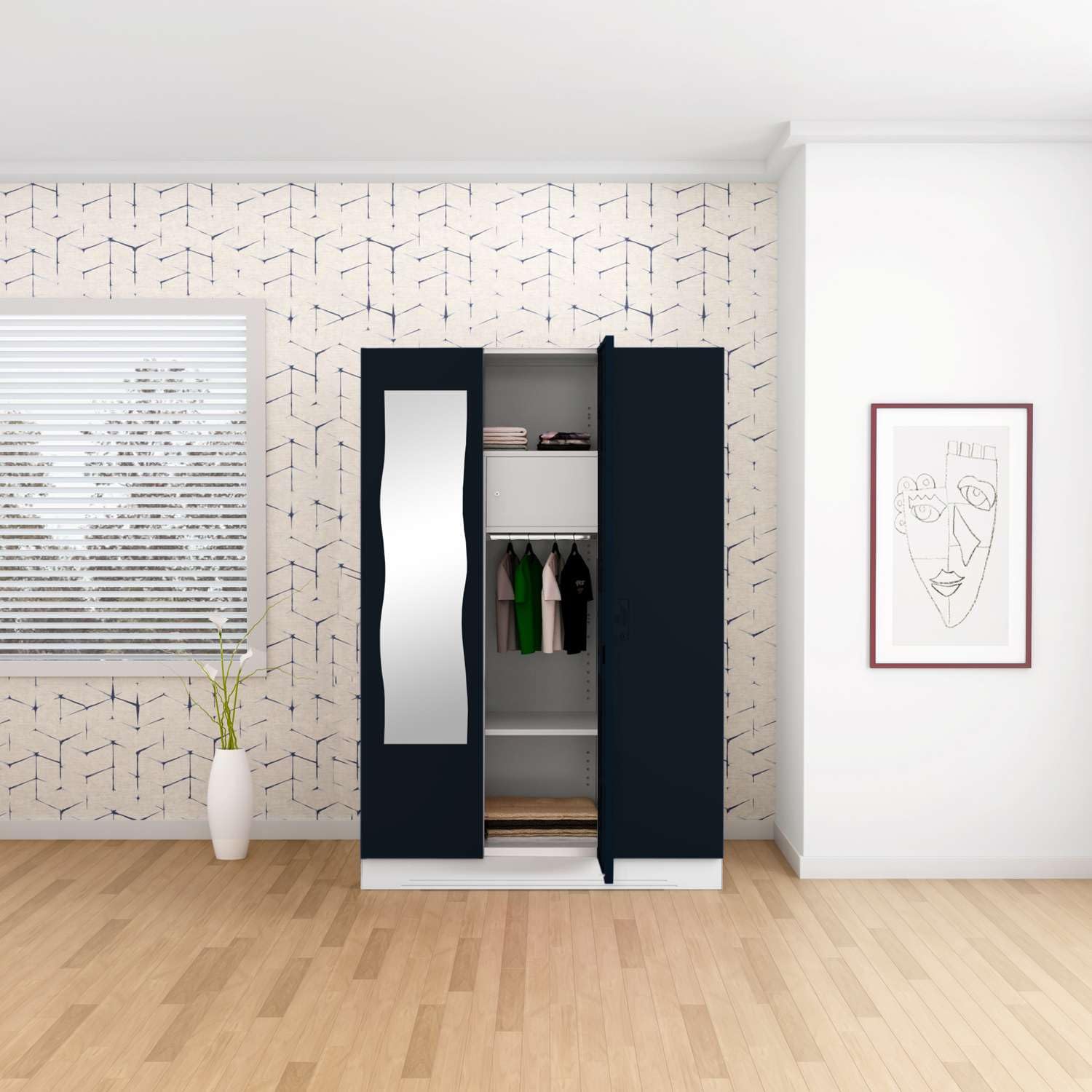 Interio by Godrej Almirah Slimline 3-Door Steel Almirah, Cupboard for Clothes (Pacific Blue), 1-Year Warranty, 6 Shelves, 1 Locker, 2 Drawers, Curvilinear Mirror-picture-26