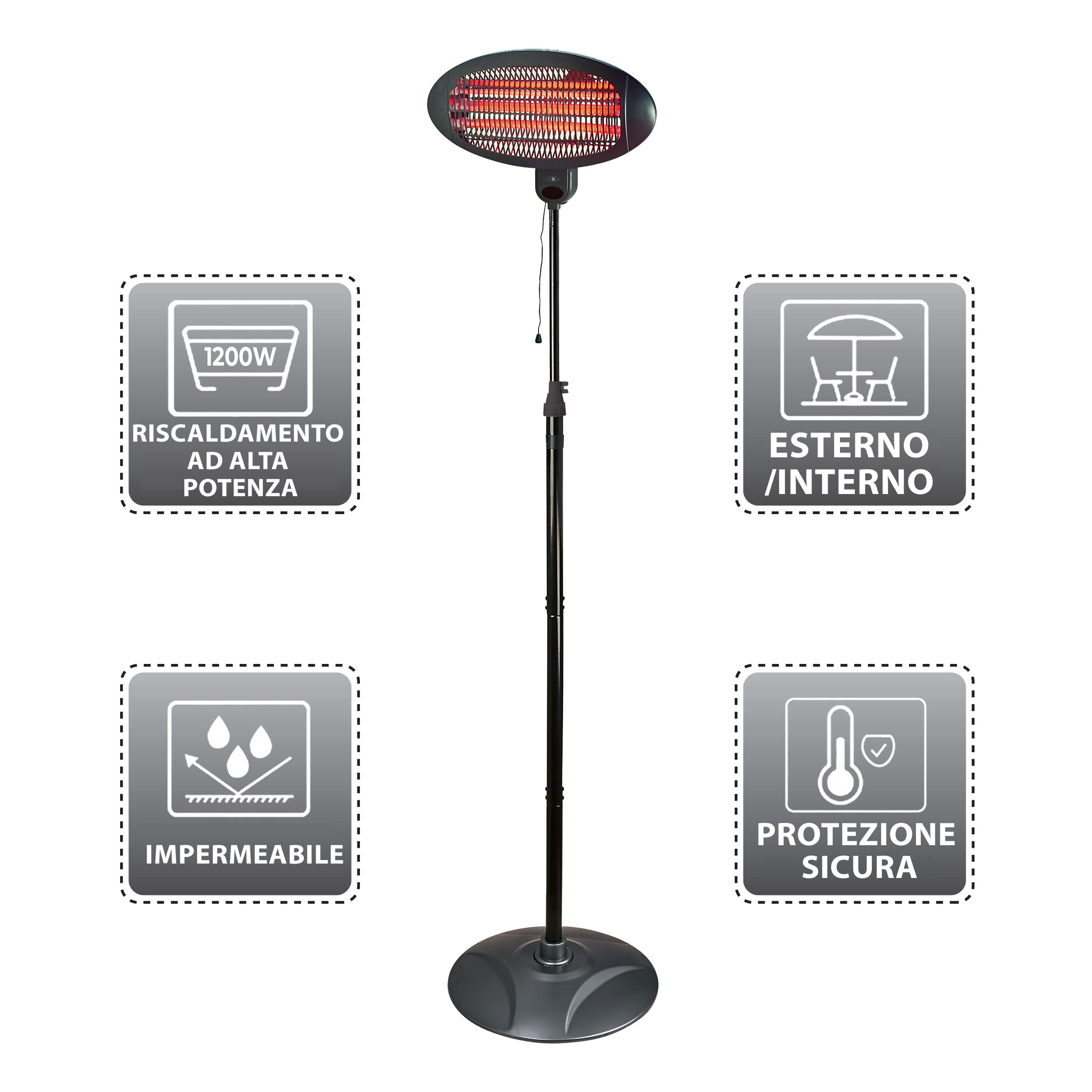 MaxxGarden Stufa Radiante con Tensione di Alimentazione: 230 V/50 Hz - Lampada Riscaldante per Esterno - Lampade Riscaldanti per Esterno - 3 Livelli di Commutazione: 650 W/1300 W/2000 W