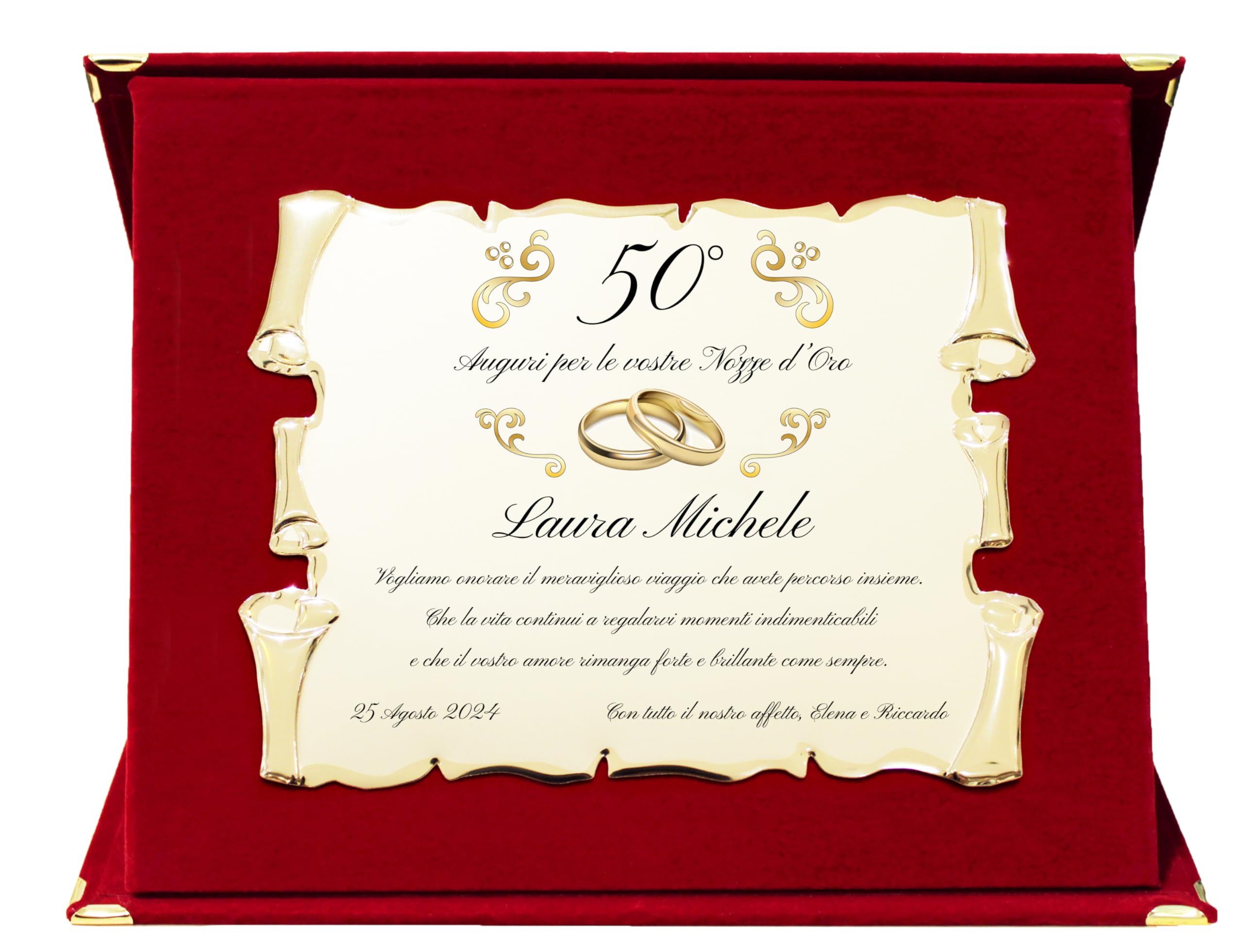 Regalo Anniversario Personalizzato | Targa Anniversario di Matrimonio | Regalo per nozze d'oro, d'argento, rubino, diamante | Cofanetto con Targa a Pergamena