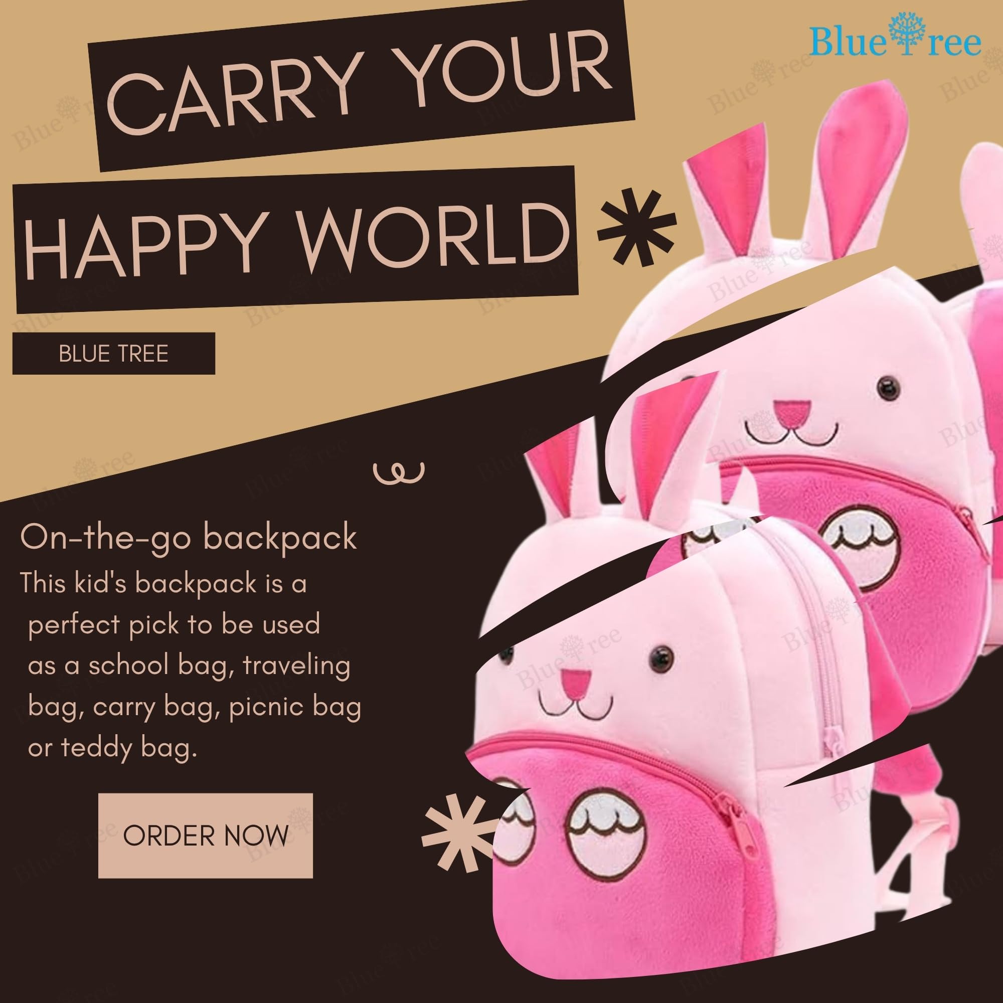 blue tree School Bag for Cute Kids for (1-5 Years), Nursery Soft Plush Pink Ch konggi Bag for toddlers, Mini Travel Animal Backpack for Boys and Girls 3