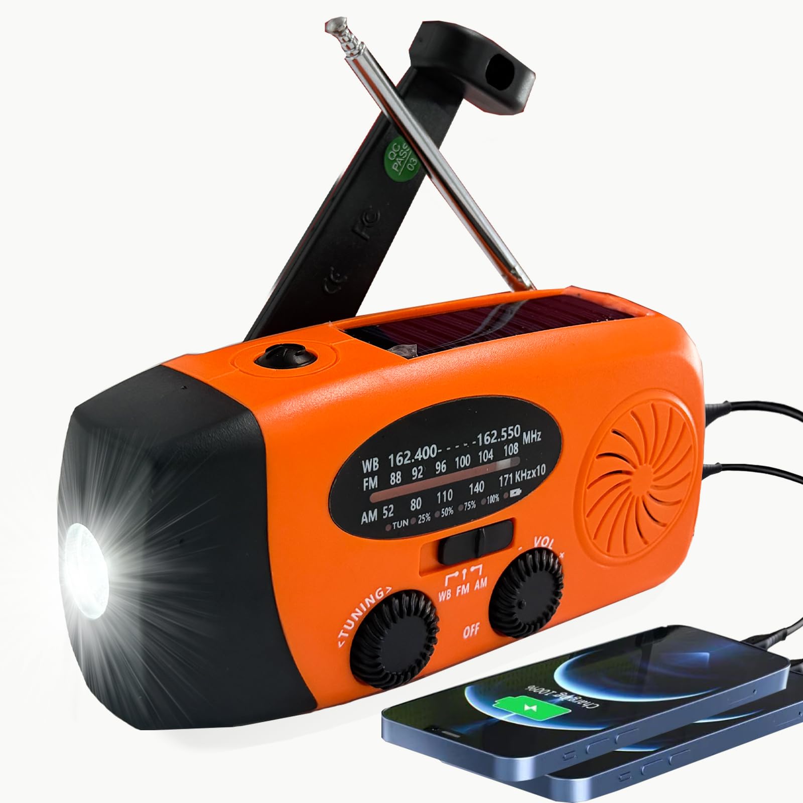 Portable 2000mAh Hand Crank Emergency Solar Panel SOS Weather Radio, Self-Powered 7 NOAA Channels Emergency Radio, WB/AM/FM Radios with Reading Lamp (Orange)-image-35
